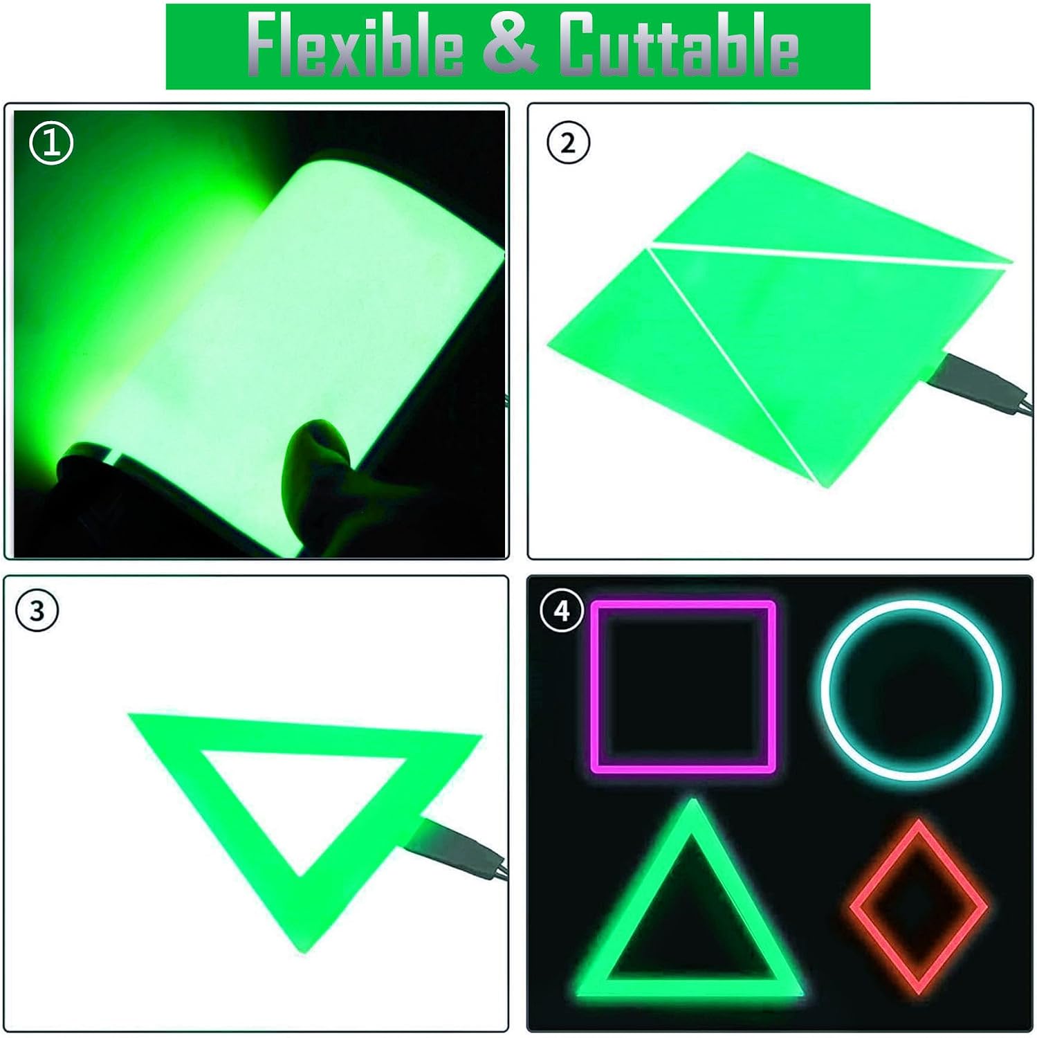 Flexible Led Panel,Electroluminescent Panel Sheet EL Tape Cuttable Soft for Mask Eye Cosplay Party Decor DIY-Continuous/Slow Flash/Fast Strobe 10x10cm (green, 10x10)