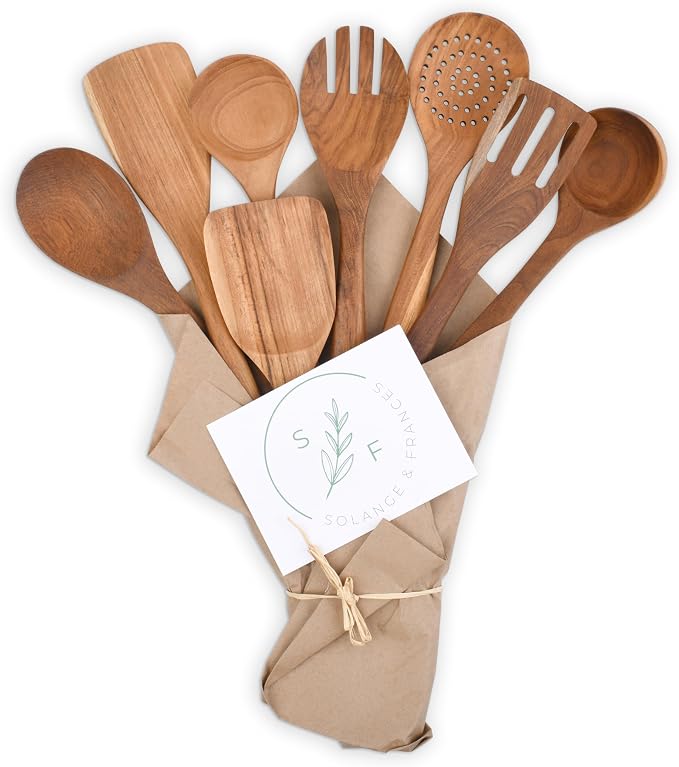 Solange & Frances Teak Wooden Utensil Set, Premium Cooking Utensils, BPA Free Non Toxic Cooking Utensils, Unique Gifts for Women, Gift for Mom, or Gifts for Women Who Have Everything, Mothers day gift