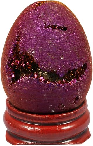 Miniatura 4 de TUMBEELLUWA Piedra preciosa de geoda de ágata druzy, con revestimiento de titanio, cristal curativo de cuarzo Aura, con soporte de madera,