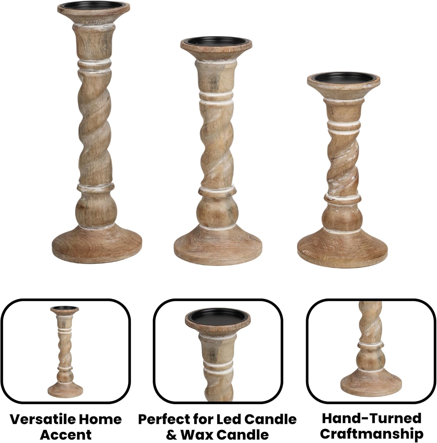 Set of 3 White Wash Farmhouse Wood Pillar Candle Holders - Handcrafted Rustic Tall Candle Holders for Home Decor, Centerpieces, Weddings, and Events - Heights: 14", 12", 10"