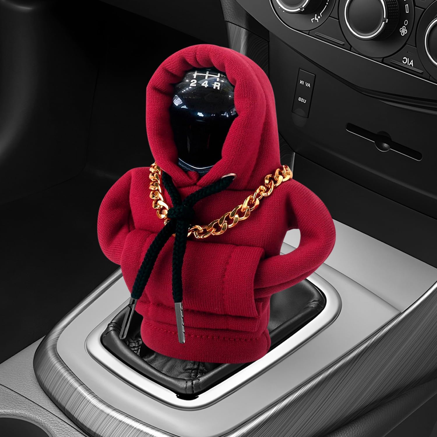 Gear Shift Knob Cover with Necklace, Universal Fit Hoodie Car Gear Shift Cover, Funny Automotive Interior Accessories, All Season Soft Fabric Shift Protector (Red)