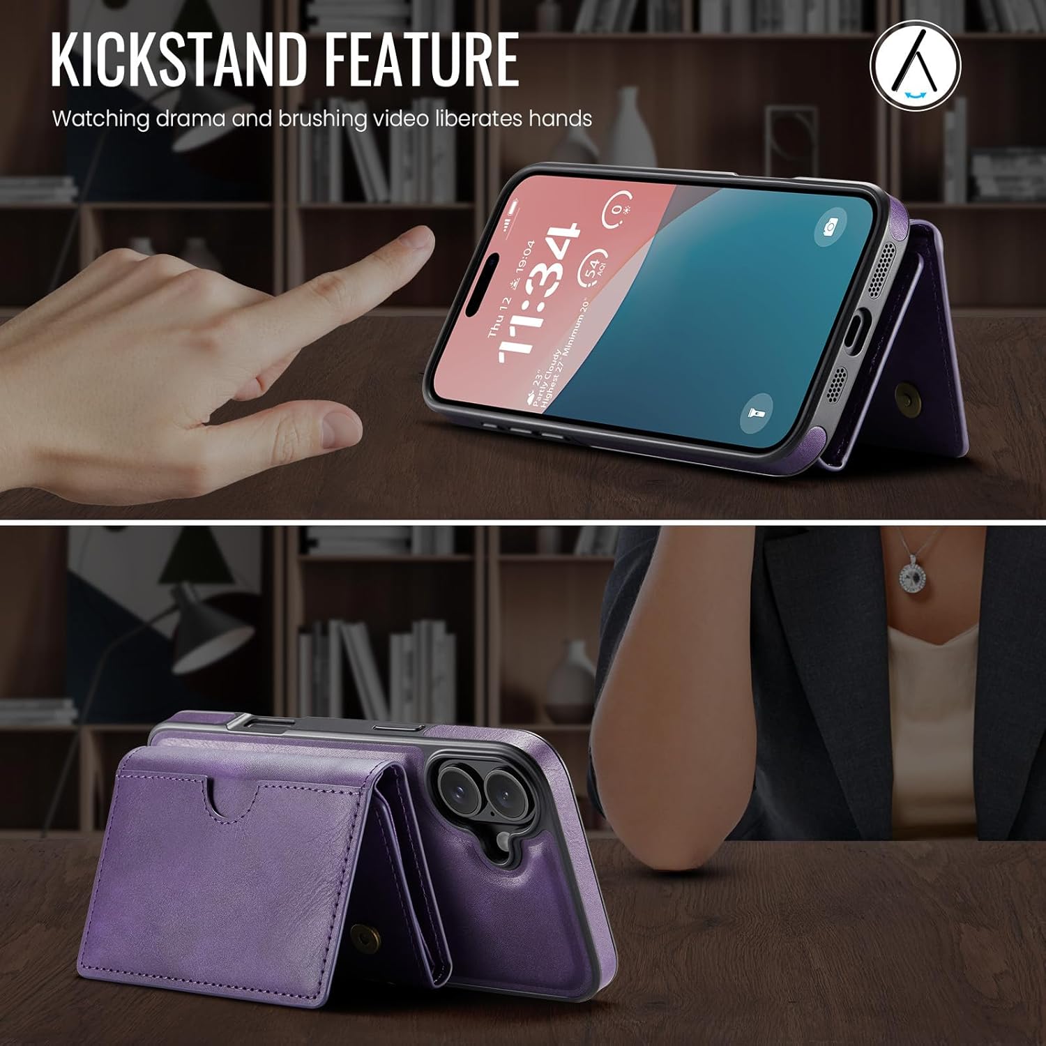 Asuwish Phone Case for iPhone 16 6.1 inch Wallet Magnetic Detachable Cell Cover with Wireless Charging and RFID Blocking Credit Card Holder Flip Stand Kickstand i Phone16 i16 16Case Women Men Purple