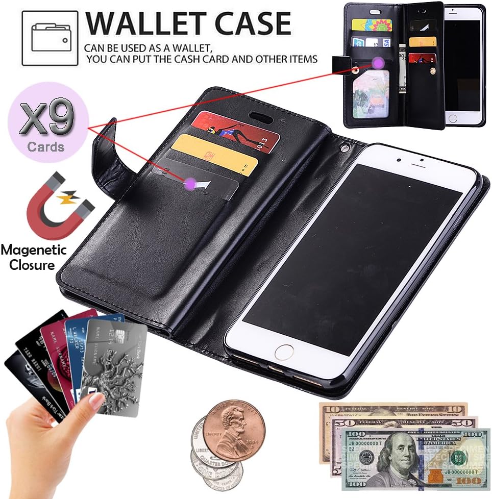 Wallet Case for iPhone SE 2020,iPhone 8/7 Case Wallet for Women/Men,Auker Trifold 9 Card Holder Leather Folio Flip Wallet Case with Strap,Stand&Money Pocket Shockproof Magnetic Zipper Purse Black1