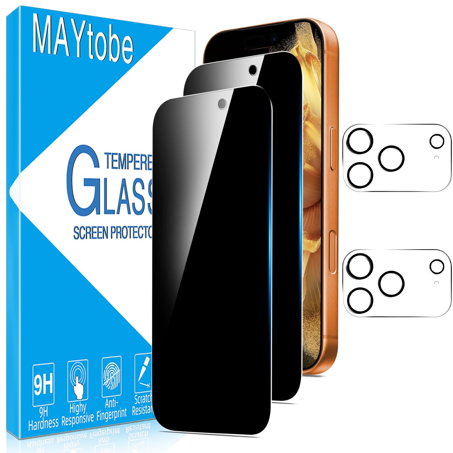 MAYtobe Protector Pantalla Privacidad para iPhone 17 Pro Max | 2+2 Unidades Cristal Vidrio Templado y Lente Cámara, Anti Espía, Antiarañazos, Sin Burbujas, Dureza 9H