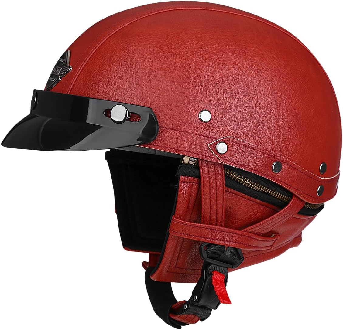 Vintage Retro Leather Motorcycle Half Helmet Men Women Adult for Cruiser Scooter Bike with Goggles Mask - DOT Approved