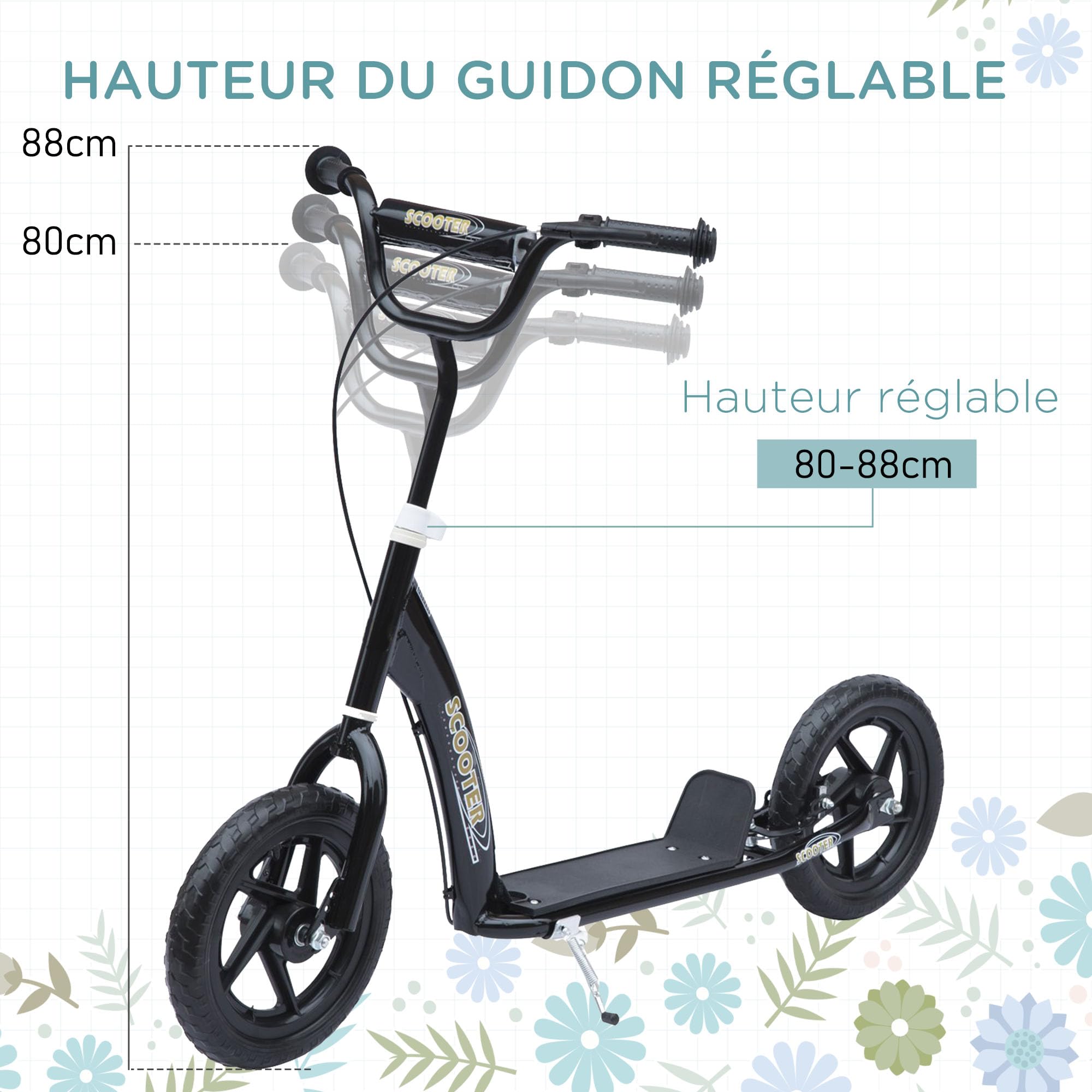 HOMCOM Monopattino per bambini pista pneumatici 30 cm altezza manubrio regolabile maniglia freno e cavalletto in acciaio per bambini dai 5 anni