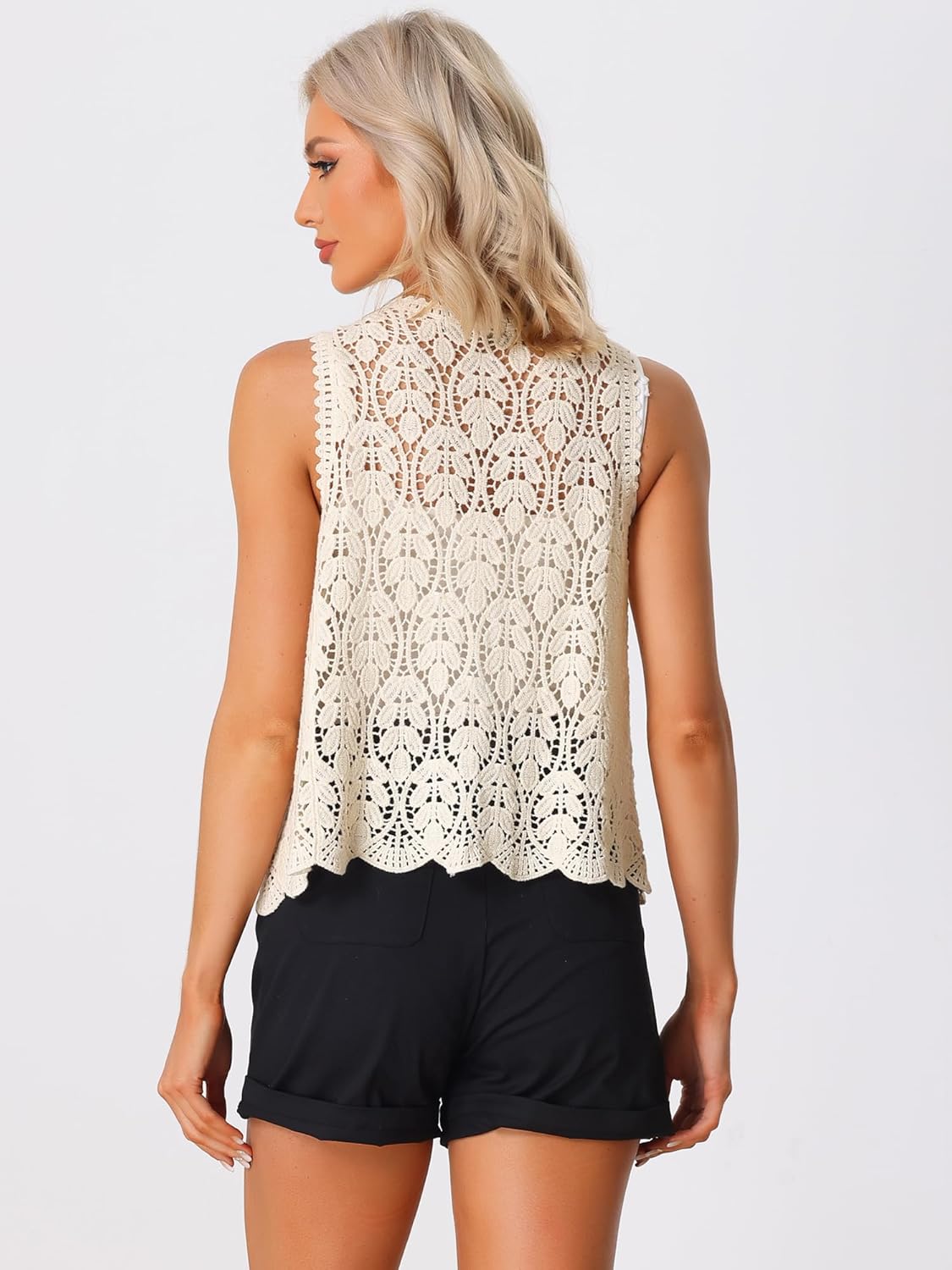 Allegra K Women's Floral Crochet Hollow Out Sleeveless Open Front Boho Vest Cardigan - Image 4