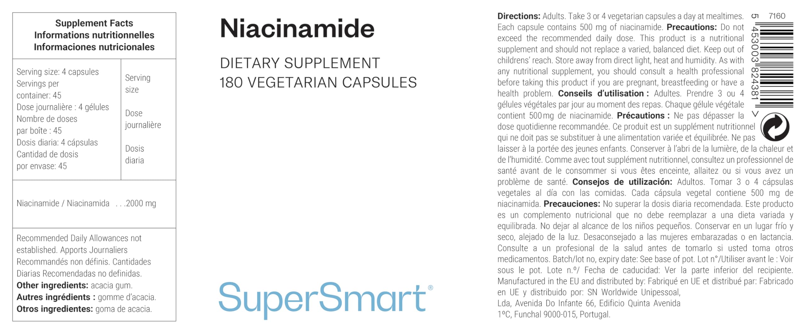 Supersmart - Niacinamide - Forme de Vitamine B3 (Niacinamide) - Contribue à Améliorer la Fonction Cognitive | Sans OGM - 180 Capsules Végétariennes
