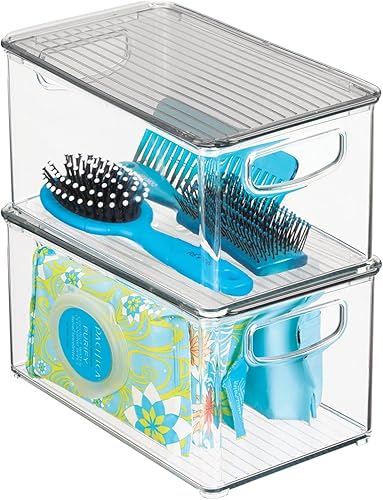 Miniatura 1 de mDesign Caja de almacenamiento de plástico profundo para baño, asas con tapaintegradas, organización para maquillaje, herramientas de peinado del