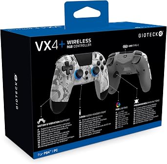 Gioteck VX4+ Wireless Controller for PlayStation 4 (PS4) - Light Camo - Customisable RGB Lighting and Programmable Back Buttons - Bluetooth Compatible
