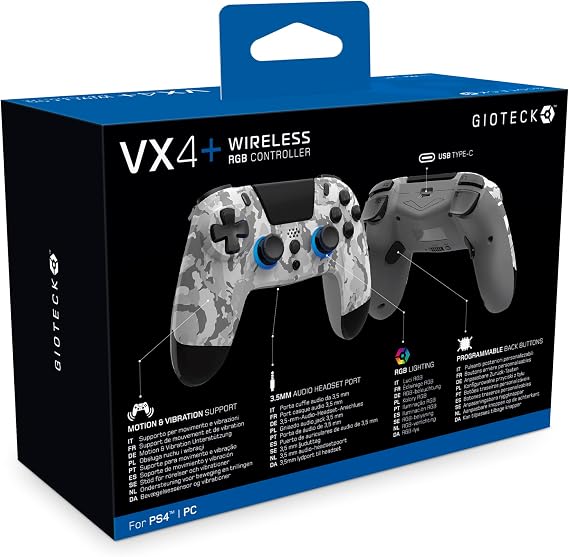 Gioteck VX4+ Wireless Controller for PlayStation 4 (PS4) - Light Camo - Customisable RGB Lighting and Programmable Back Buttons - Bluetooth Compatible