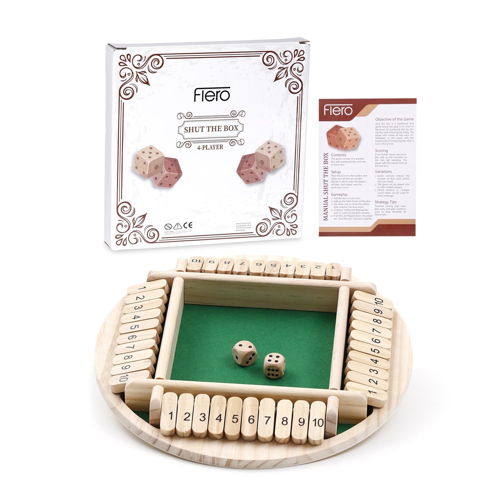 Flero Shut The Box, 4 Player, Round, Dice Game, Strategy and Math Game, Board Game, Educational Toy