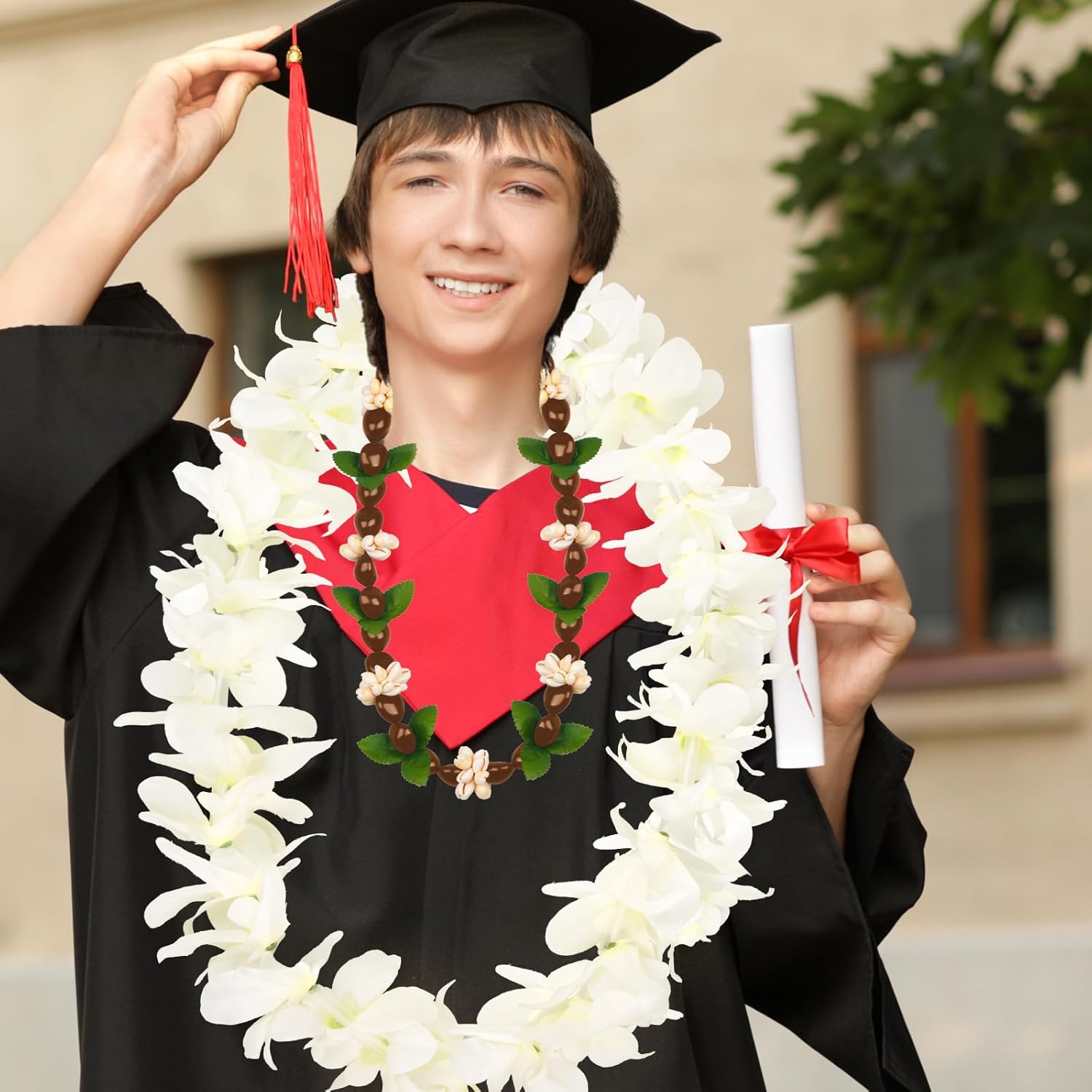 2 Pcs White Orchid Lei Hawaiian Luau Lei Graduation Lei Hawaiian Kukui Nut Necklace Artificial Hawaiian Flower Garland for Graduation Party Accessories