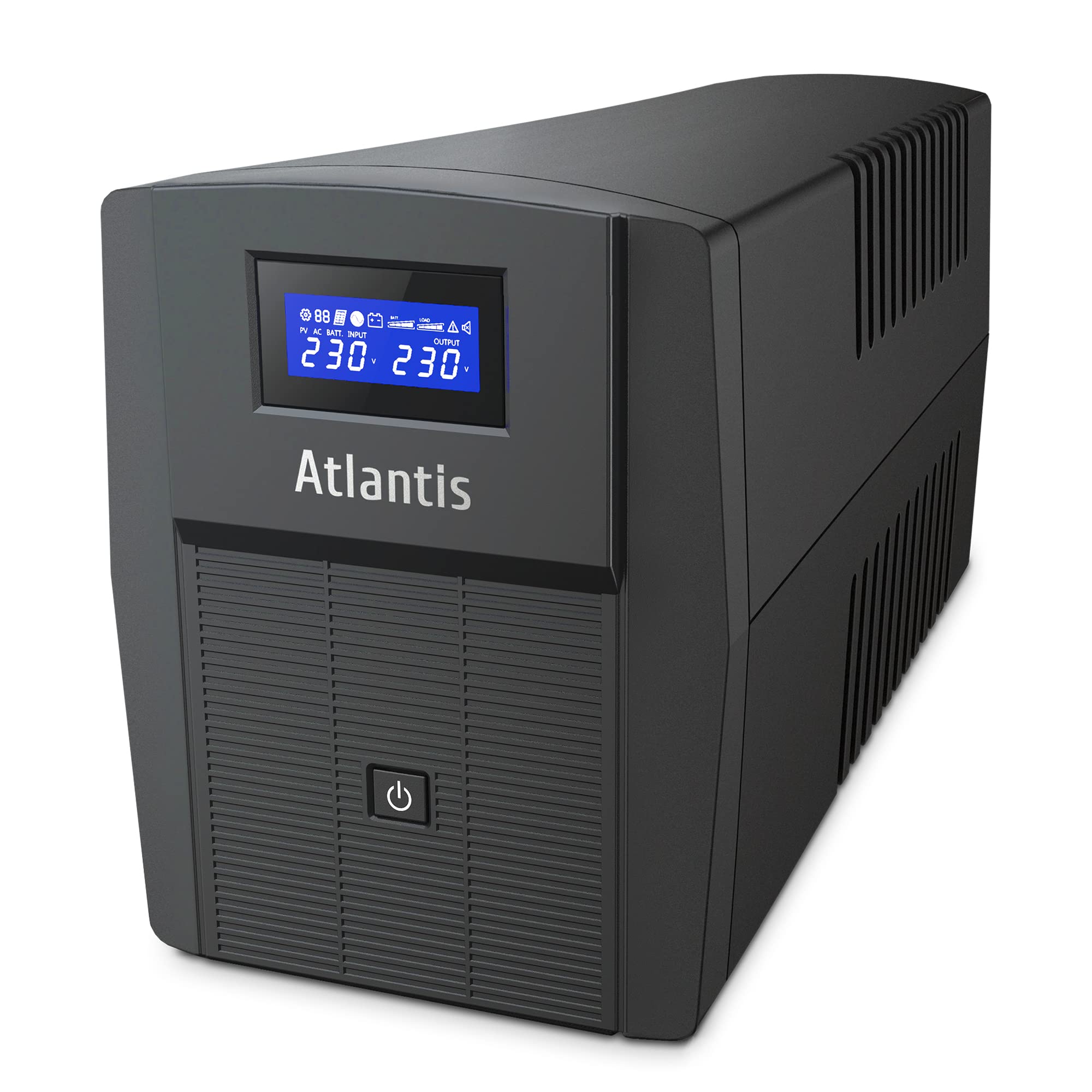 Atlantis A03-HP1503 Sistema de alimentación ininterrumpida Onda sinusoidal Pura 1200VA 720W Line Interactive, LCD, USB-HID, 3 IEC + 2 Schuko, protección RJ45,Cable de alimentación, 2 baterías 12V 7Ah