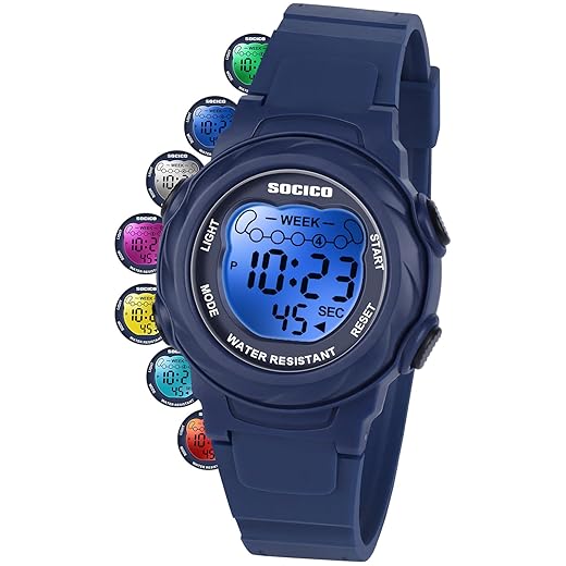 SOCICO Kids Digital Watches for Girls Boys, 5ATM Waterproof, 7 Color Lights Waterproof Watches for Kid with Alarm Stopwatch, Soft Band Wrist Watch Christmas Gifts for Kids Ages 5-12