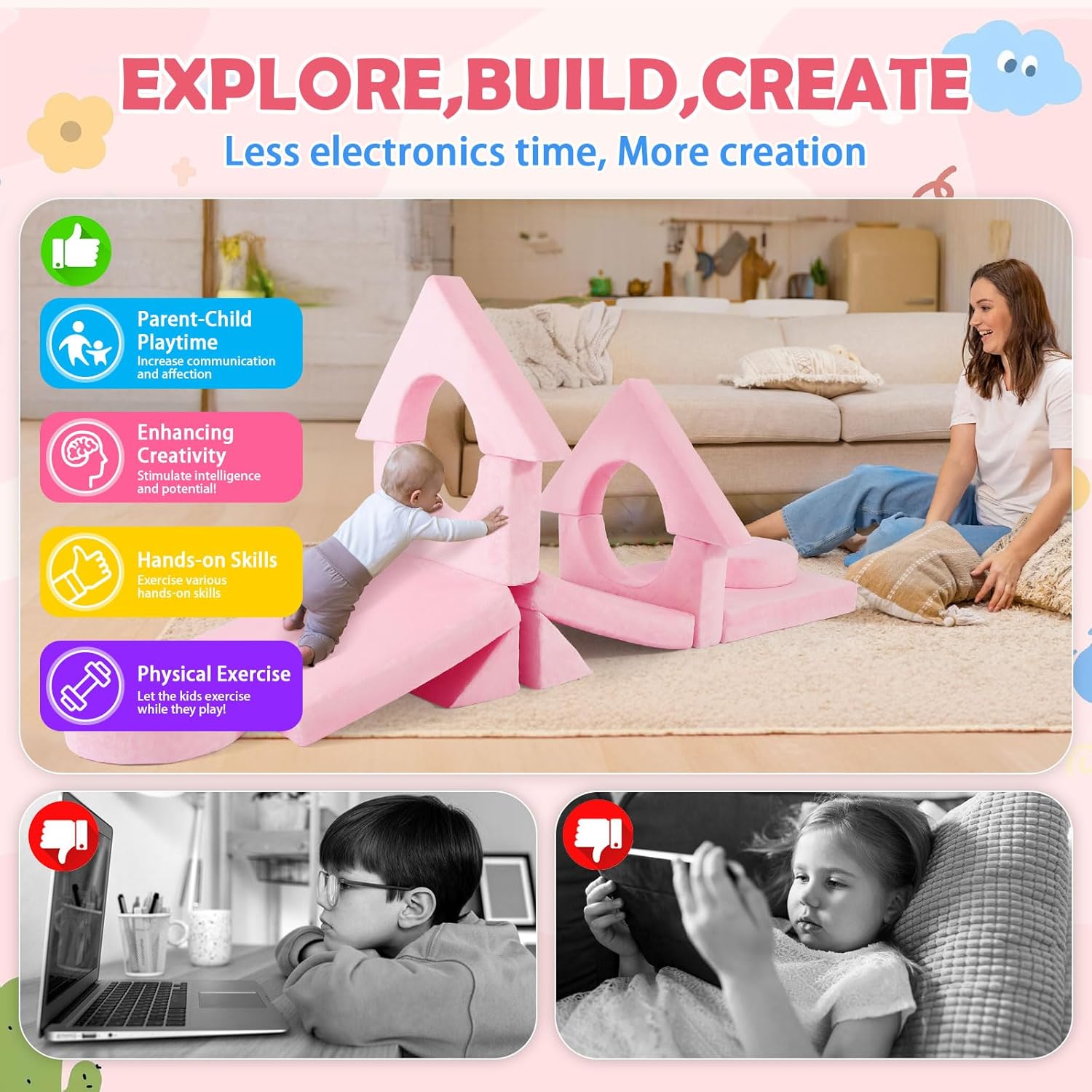 2025 New Modular Kids Play Couch, 12pcs Toddler Sofa Couch Building Fort, Versatile 300+DIY Creativing Playroom Bedroom Furniture for Toddlers. Convertible Kids Sofa and Cushion for Boys and Girls