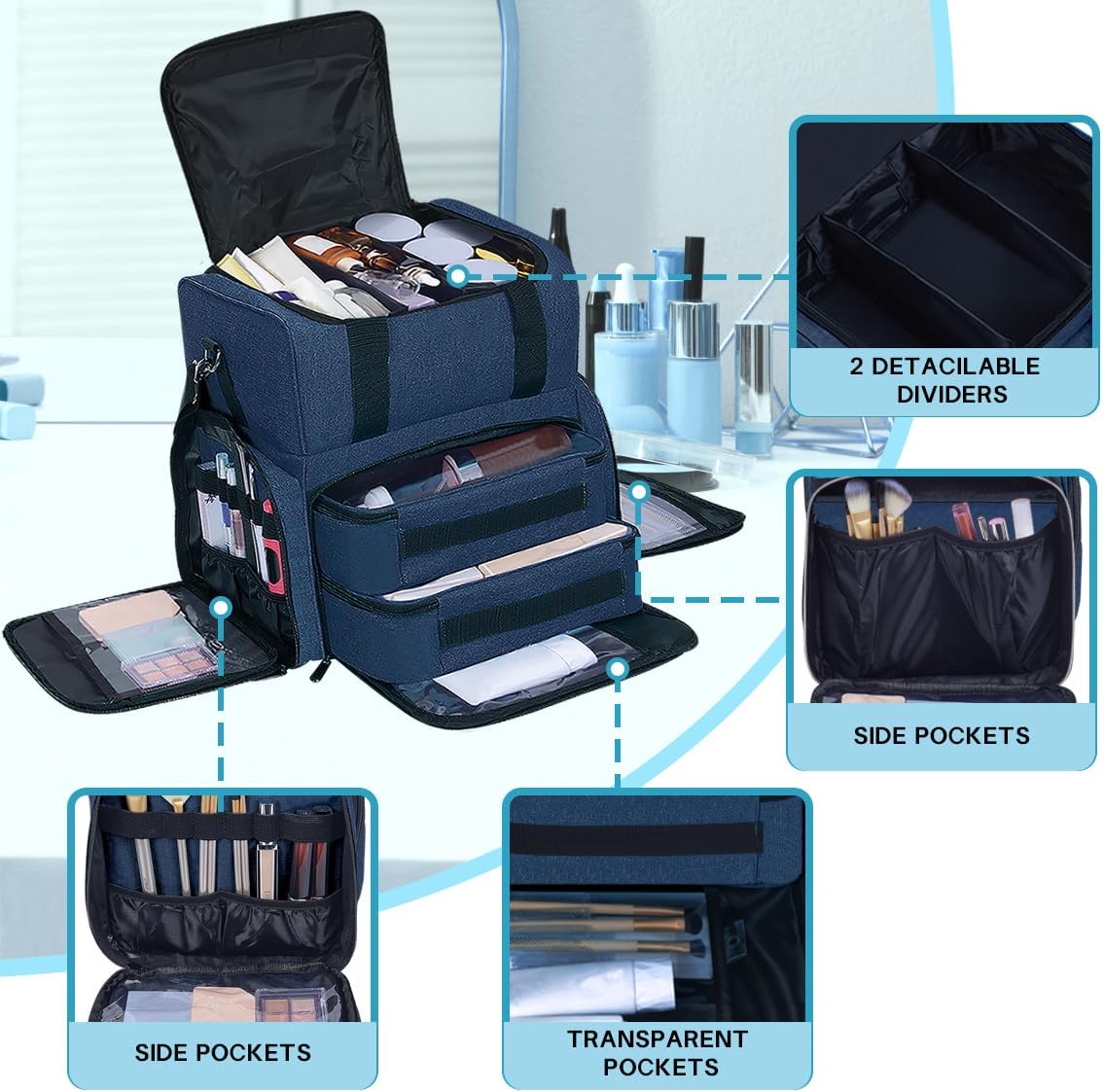 Large Makeup Bag with 2 Removable Case Multifunctional Cosmetic Bag Double Layer Travel Toiletry Organizer,Blue