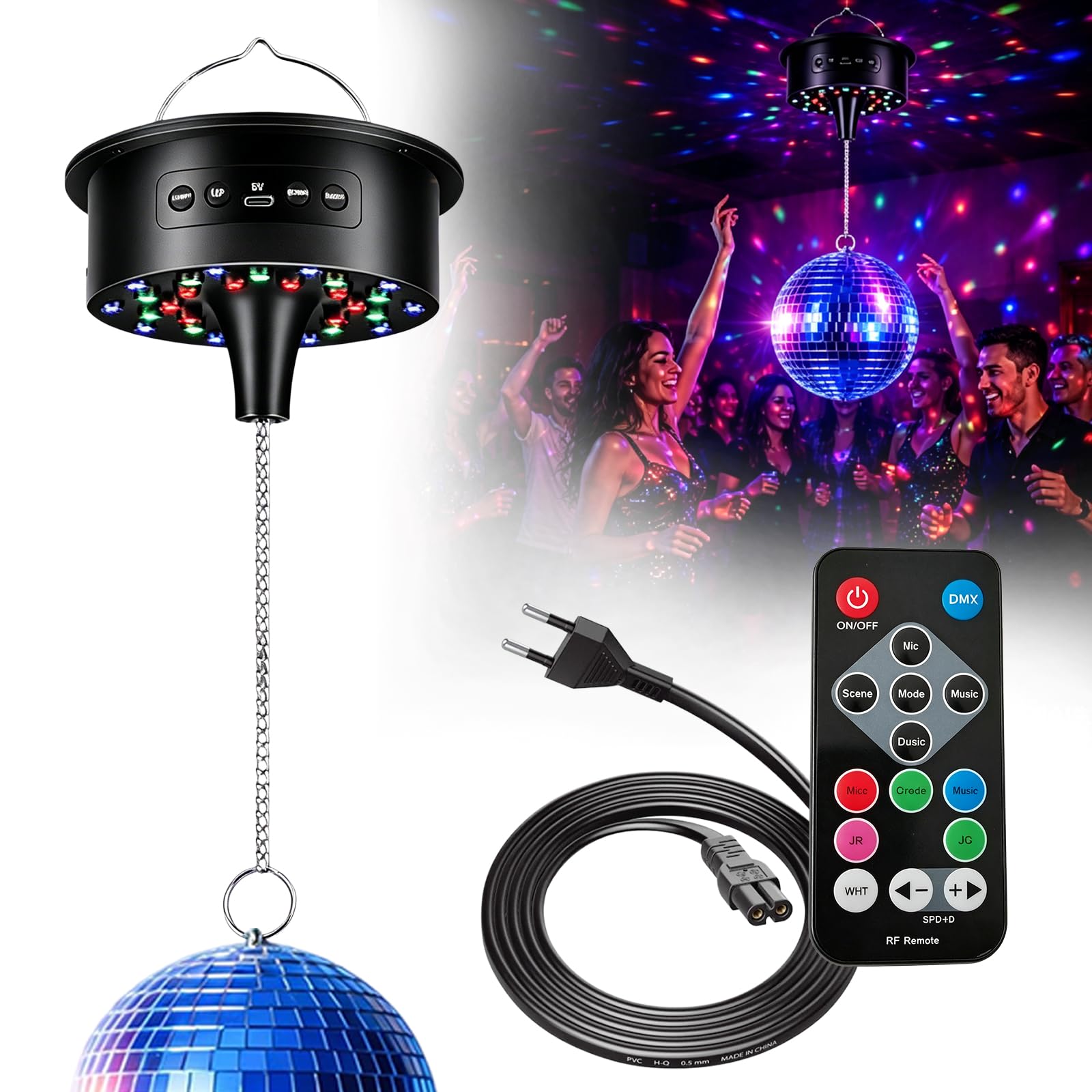 Moteur pour Boule à Facettes, Moteur pour Boule à Facettes de 14,5 * 9 cm, Moteur pour Boule à Facettes DC5V, Moteur pour Boule à Miroir, avec Télécommande Multicolore, pour Décoration de Salle et de