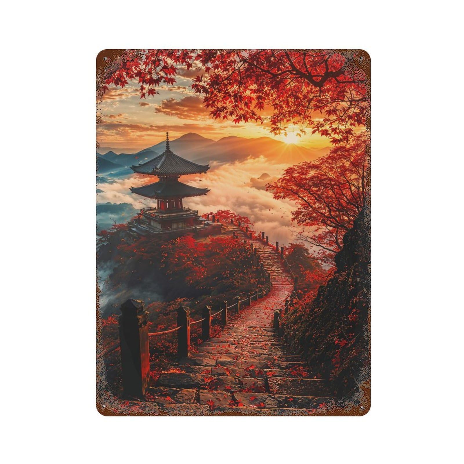 Japanese Pagoda Sunset Vintage Wall Sign 15.7"x11.8", Rust Effect Metal Decor for Living Room, Hallway And Home Decor