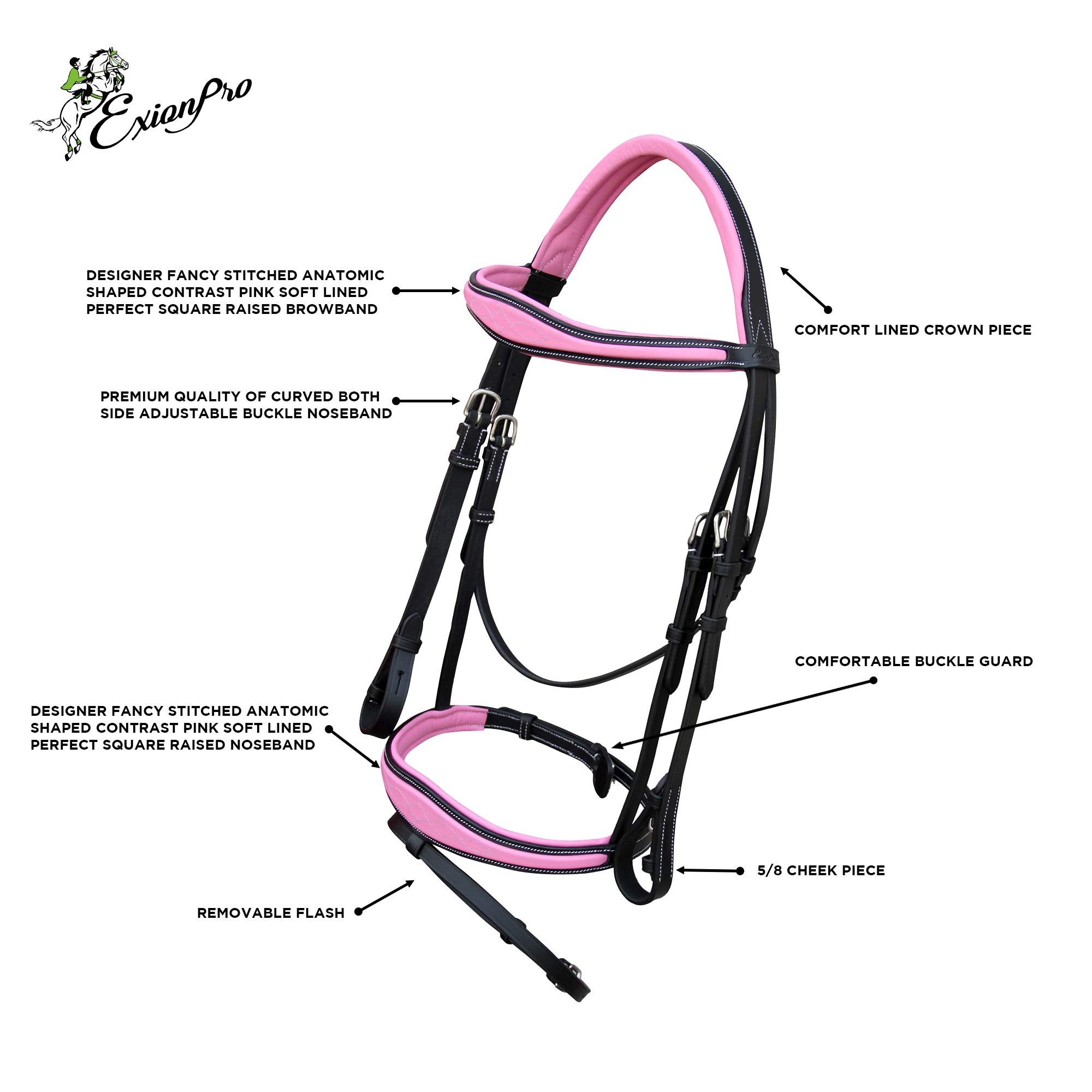 Exion - Brida inglesa rosa para caballos | Brida inglesa anatómica con banda nasal y banda para las cejas con flash y riendas de goma.