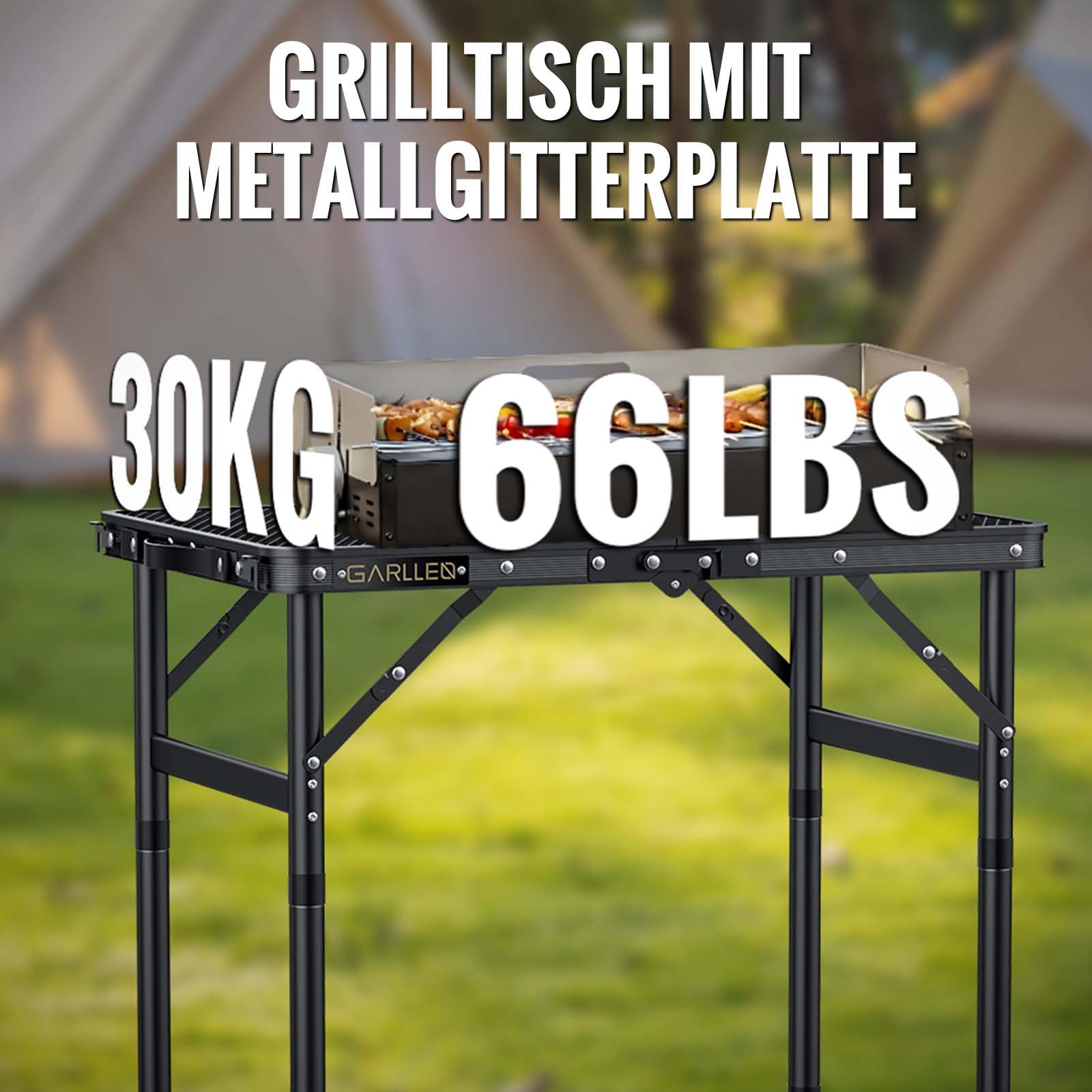 GARLLEN Grilltisch klappbar, 58x40cm & 3 Höhenverstellbar(26/48/70cm), Leicht und Tragbar, Klapptisch Campingtisch Beistelltisch Gartentisch Picknicktisch Kleiner Grill Tisch für Camping(2-Fach)