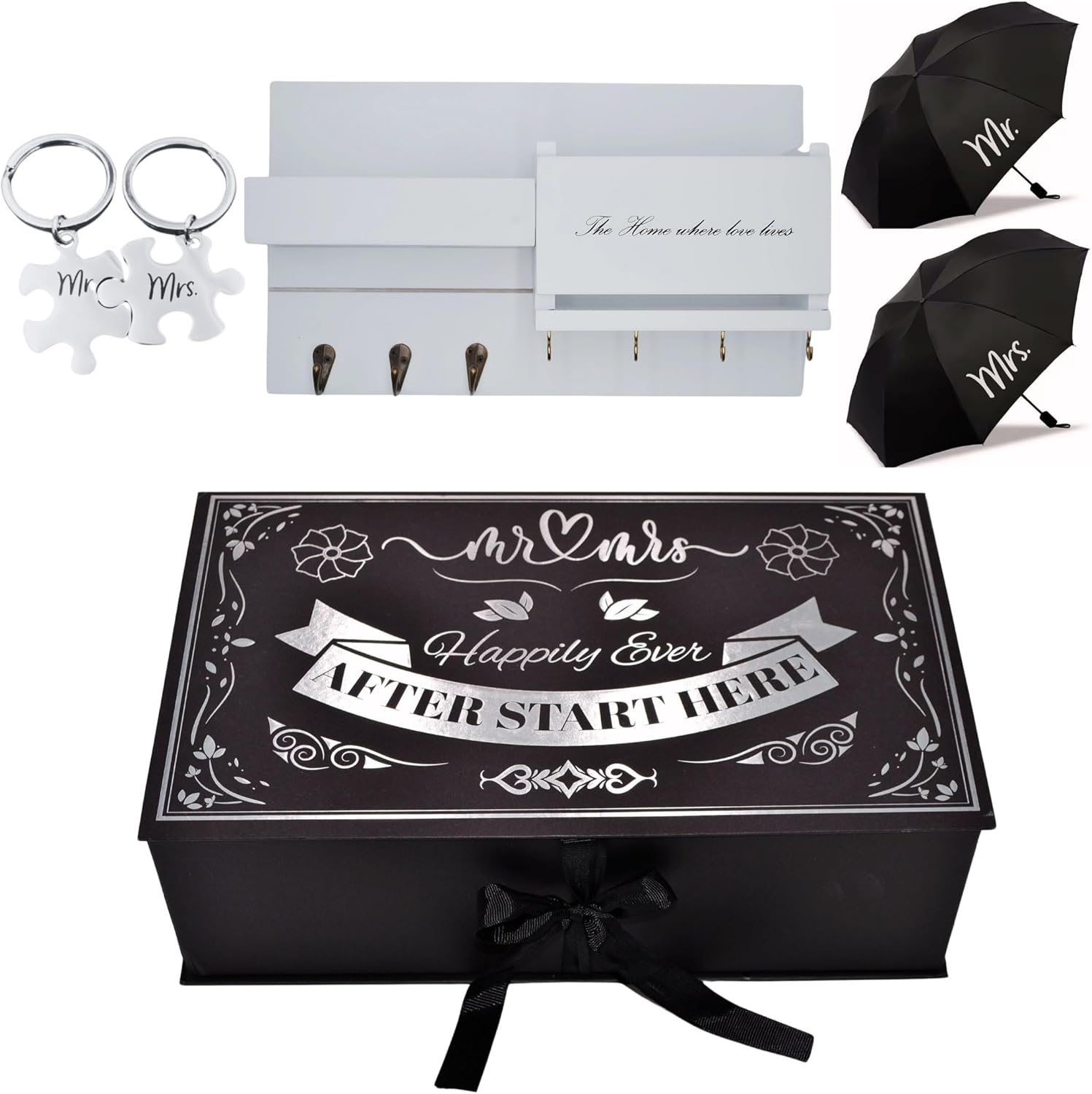 Wedding Gift Set – Mr & Mrs Key Holder with Umbrellas & Keychains – Unique Couple Housewarming Present