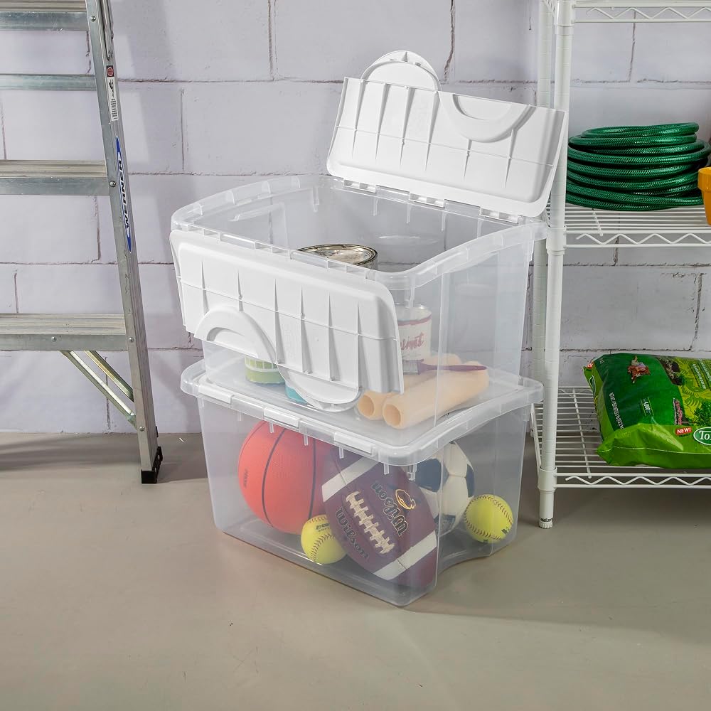 Sterilite 6-Pack Stackable Storage Bin with Lid, Clear Plastic Design, 48 Quart