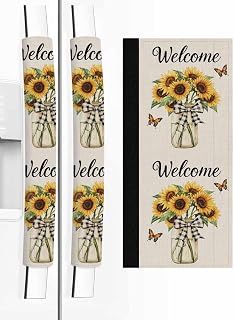 Yellow Sunflower Refrigerator Door Handle Covers Set of 2, Butterfly Beige Vintage Country Kitchen Appliance Covers Handle Decor Protector for Ovens Dishwashers Microwave Ornaments