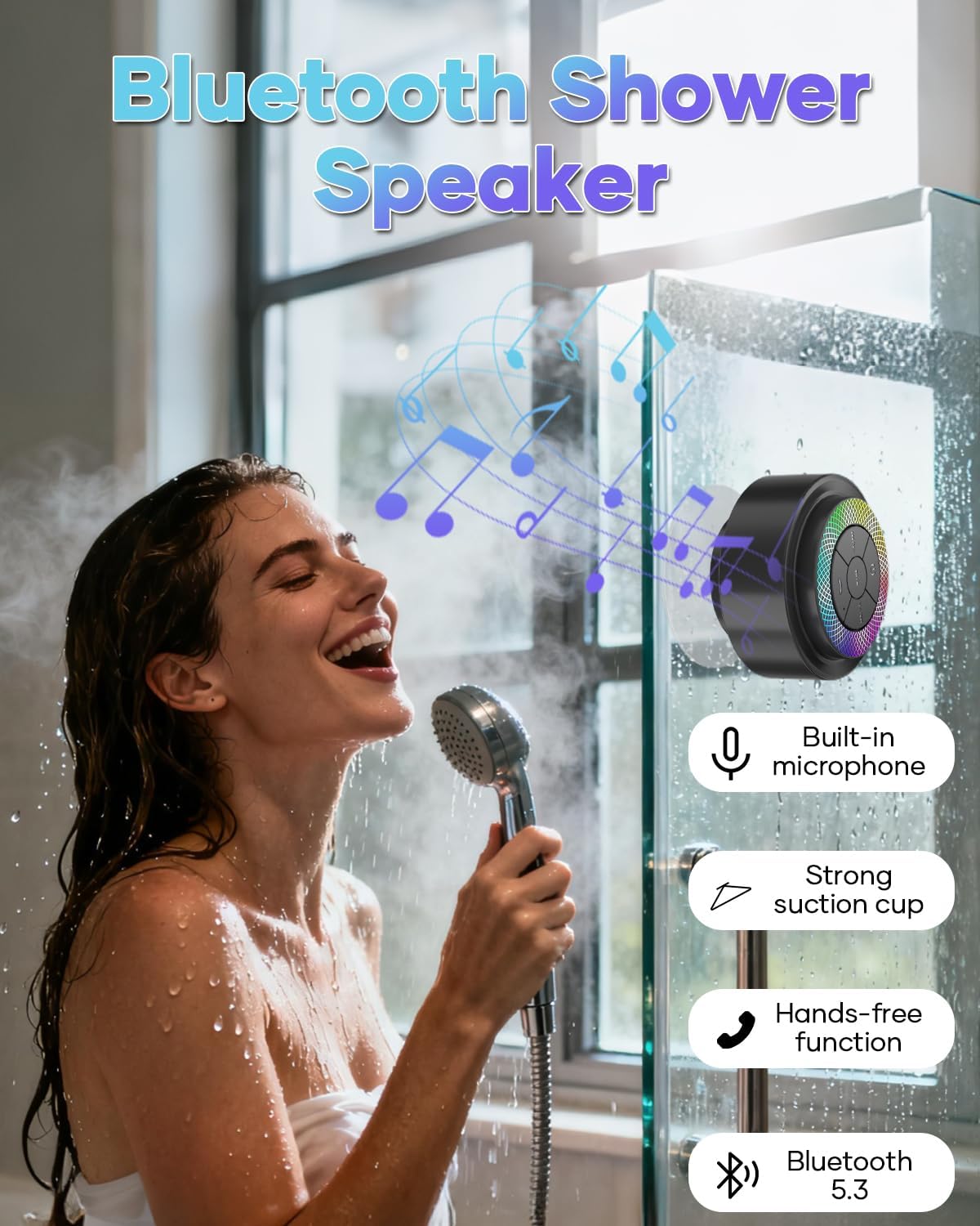 Bluetooth Shower Speaker, IP67 Waterproof Portable Speakers with Suction Cup, Lights Show, Built-in Mic, Mini Speaker for Bathroom Travel Pool Beach, Gift Ideas for Christmas - Image 2