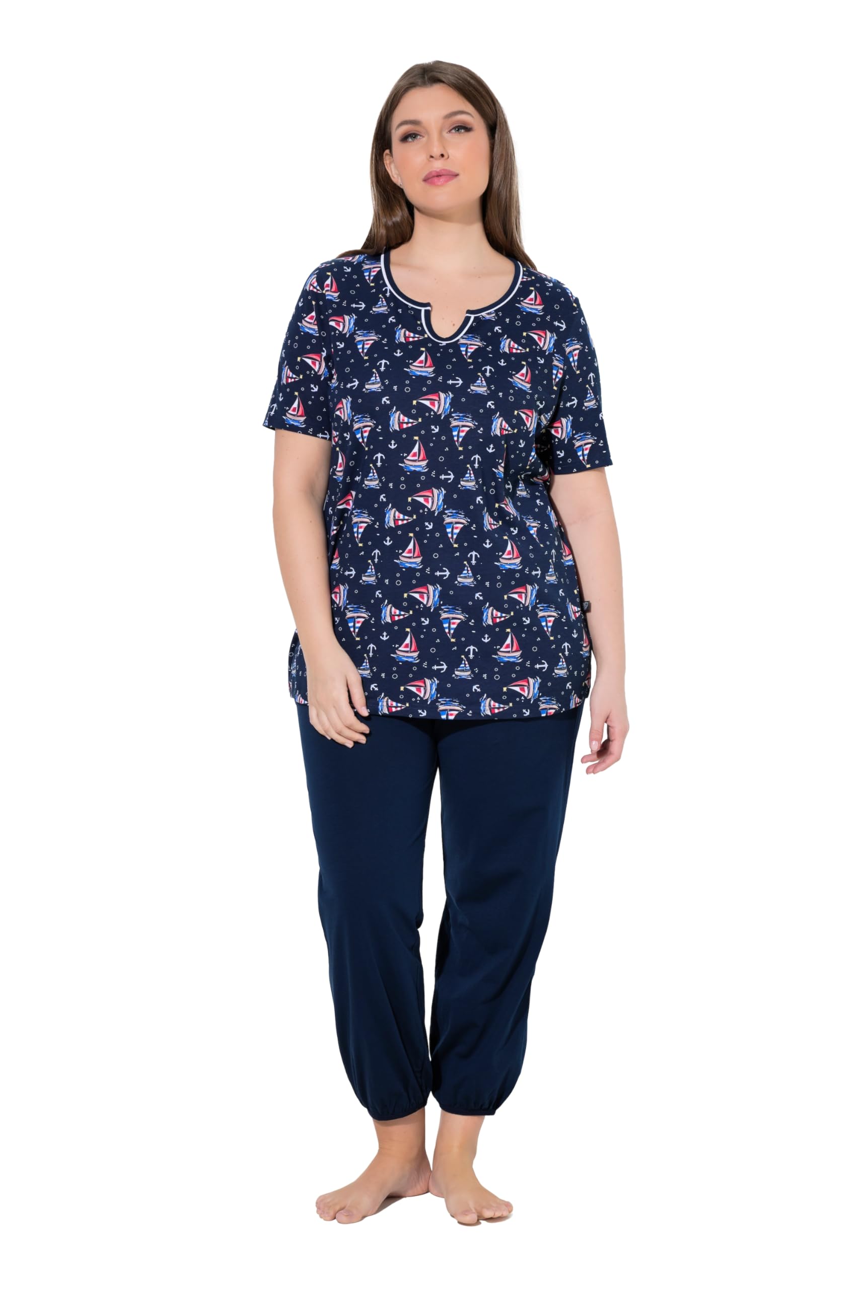 Ulla Popken Damen große Größen Übergrößen Plus Size Pyjama, Segelboote, Tunika-Ausschnitt, Halbarm 847618