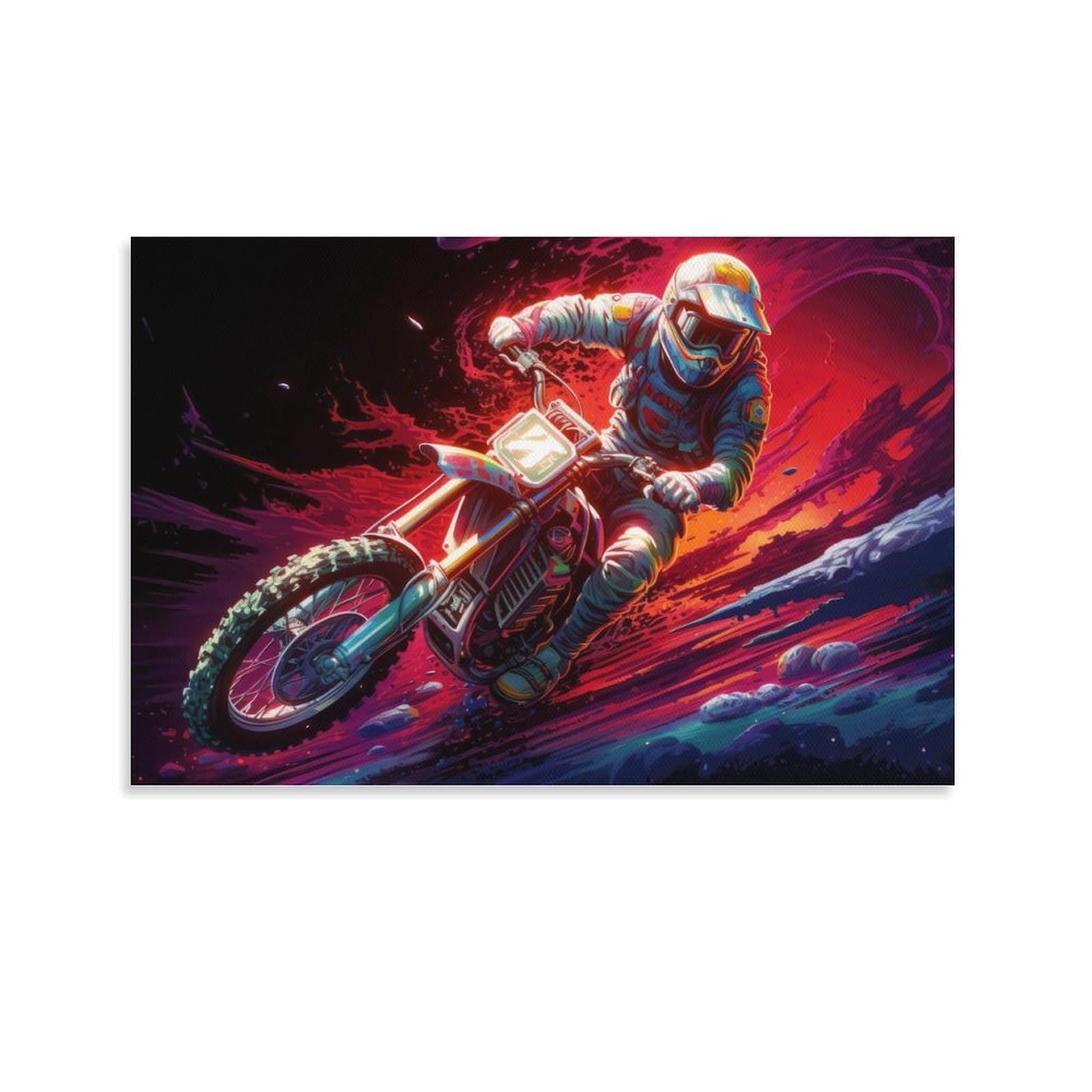 CPLVKWRQJ Bright Magical Colorful Individual Motocross Rider in Dynamic Red Action Wall Art Decor - Kitchen Removable Canvas Wall Art Multi-Purpose Focal Point 08x12inch(20x30cm)