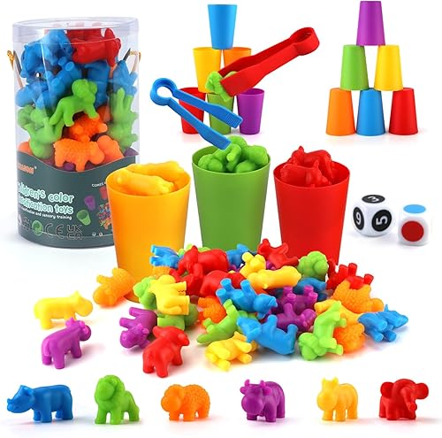 Juguetes de animales para contar y clasificar, juego de animales a juego de clasificación de colores con tazas y dados apilables, actividades de