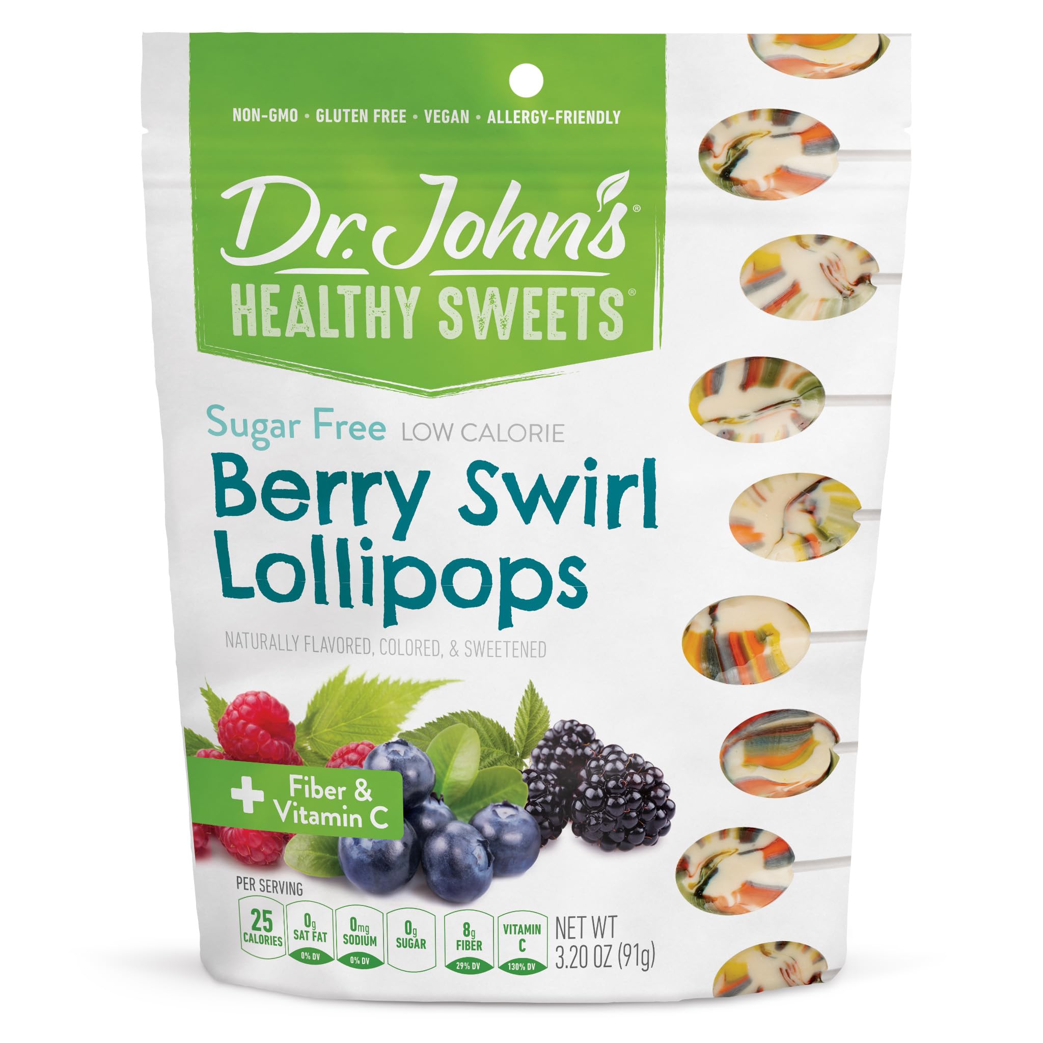 Dr. John's Healthy Sweets Berry Swirl Lollipops with Zero Sugar, Dye-Free, Plant Based, Keto Friendly, 10 Count, 3.2oz Bag