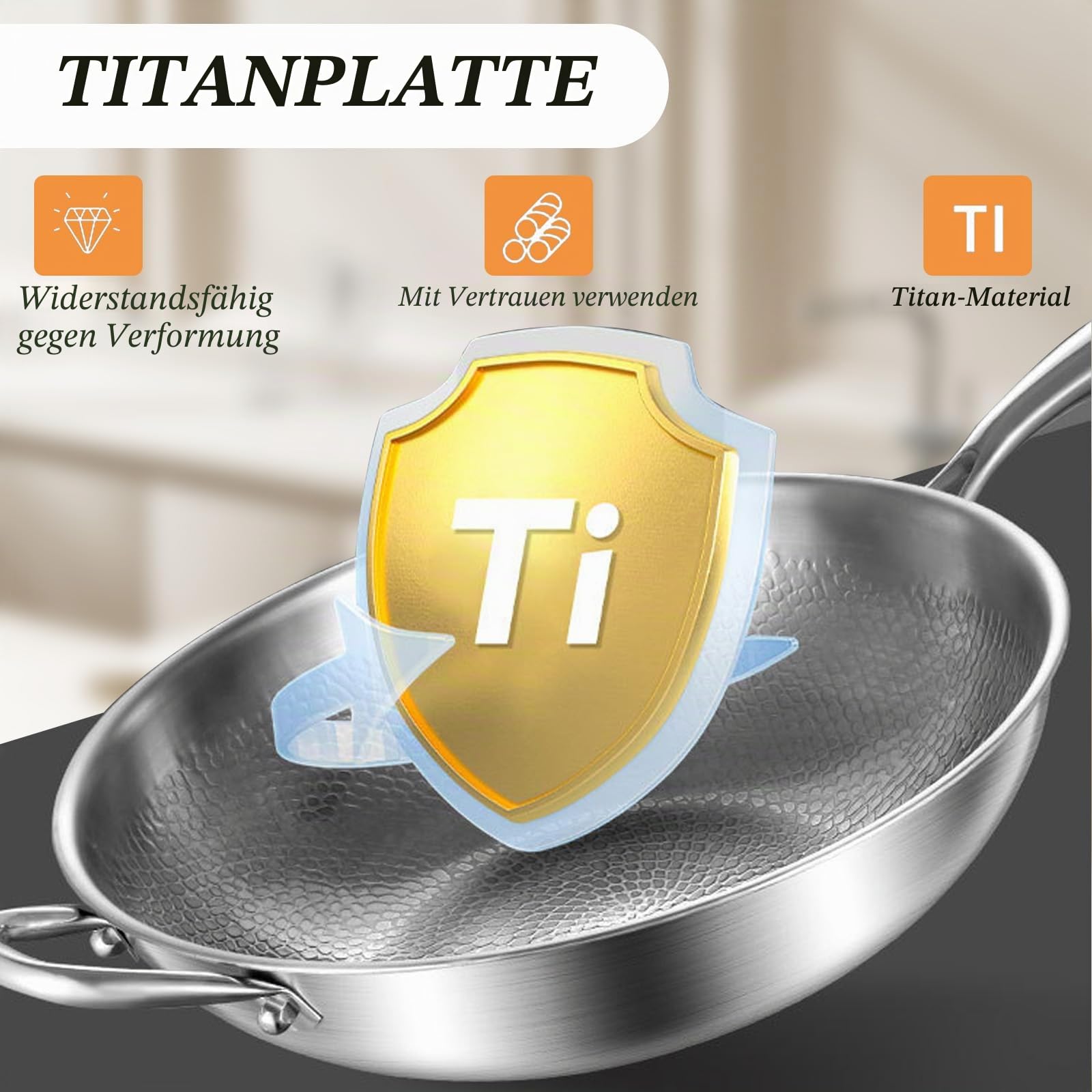 Edelstahl Wokpfanne 30 cm mit Deckel Bratpfanne,Verdickt Ultra-Haltbar Titan Bratpfanne Edelstahl Wokpfannen mit Deckel induktionsgeeignet,Backofenfest bis 400°C,Unbeschichtet