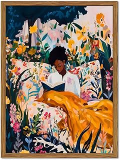 Framed Black Woman Reading Wall Art, Boho Black Girl Colorful Floral Pai...
