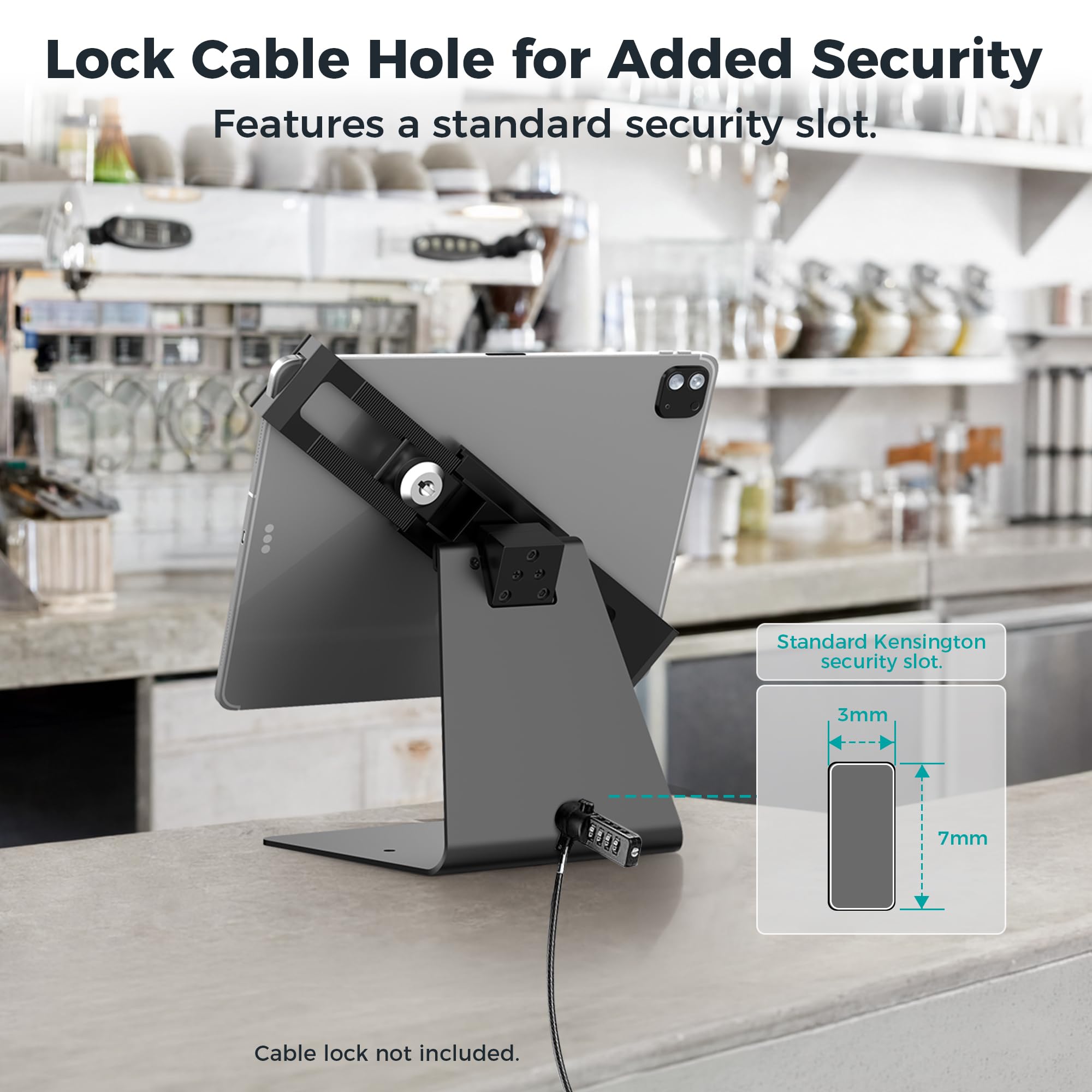 Soporte de escritorio antirrobo para quiosco de seguridad para la mayoría de iPad de 8 a 14 pulgadas, y para iPad de 10.2, 10.5, 11.9 y 11 pulgadas con cerradura y llave, giro y diseño, Negro