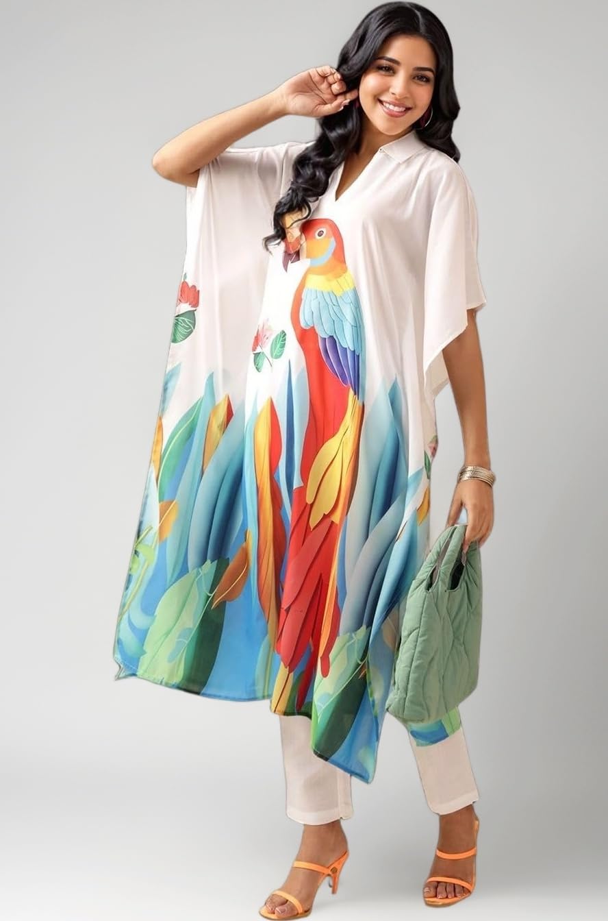 Women's White Printed Regular Cotton Blend Kurta Sets | Kaftan Set for Women