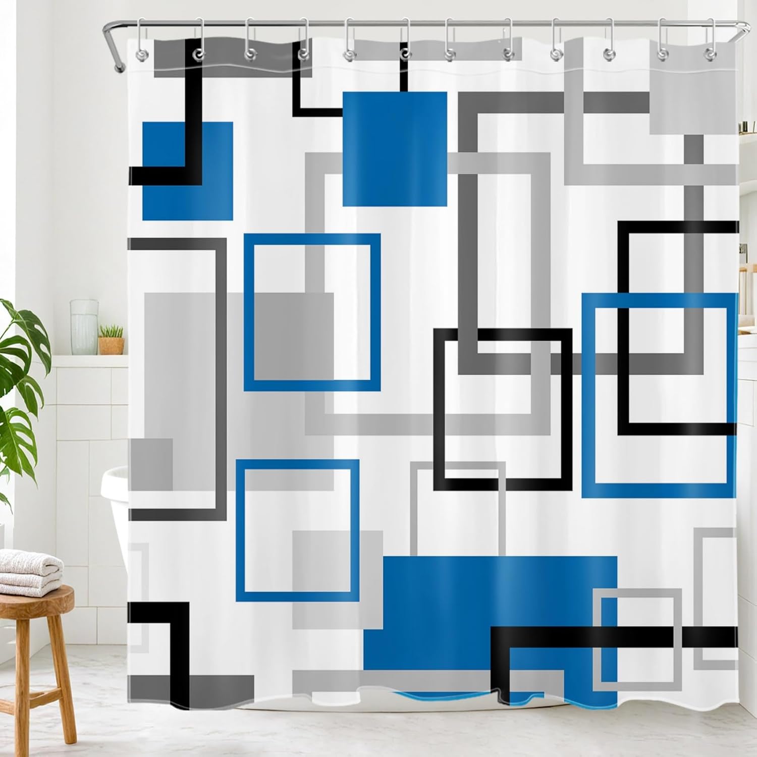Blue Striped Shower Curtain Black and White Abstract Geometric Decor Bathroom Shower Curtains Modern Geometric Minimalist Shower Curtain with Hooks, 72W X 78L Inch