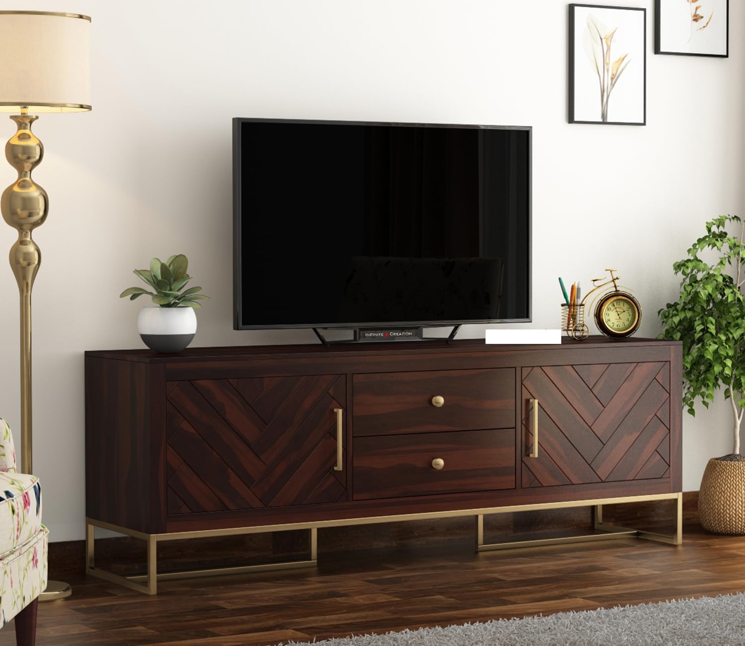 DR HOME'S Decor Wooden TV Cabinet for Living Room | Modern TV Stand with 2 Doors, 2 Drawers, 4 Storage Shelves with Gold Metal Legs | Entertainment Center for Up to 75 Inch TV | Walnut Finish-image-48