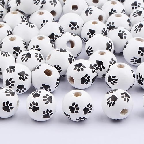 Miniatura 4 de 100 cuentas espaciadoras de madera con estampado de pata de perro de 0.63 pulgadas, cuentas redondas de huellas de perro en blanco y negro para