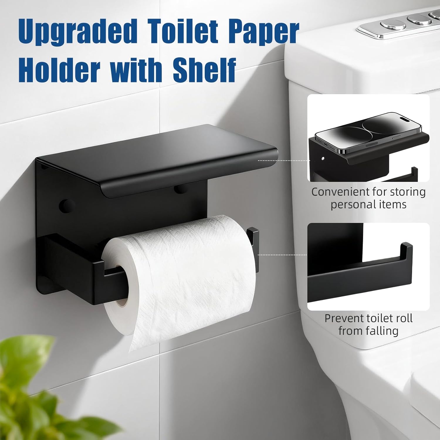 7-Piece Matte Black Bathroom Accessories Hardware Set, Stainless Steel 16" Towel Bar, Towel Ring, Toilet Paper Holder with Shelf, 4 Towel Hooks, Wall Mounted for Bathroom, Kitchen, Hotel - Image 5