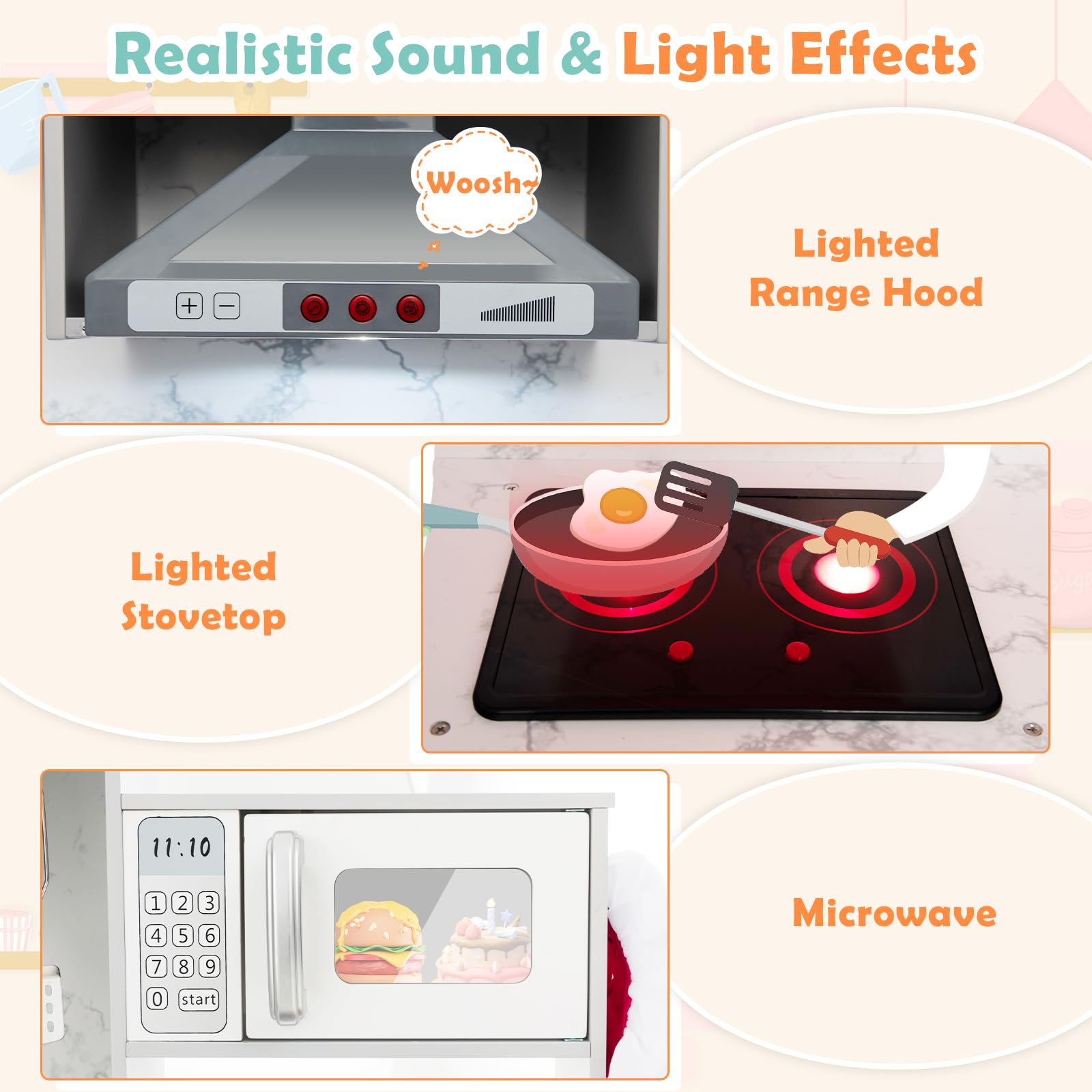 FANTASK Holzküche Kinder mit Licht & Sound, Spielküche Eck mit Dunstabzugshaube, Wasserzirkulationssystem, Wasserspender, Waschmaschine, Kinderküche mit Zubehör für Kinder ab 3 Jahren, Grau