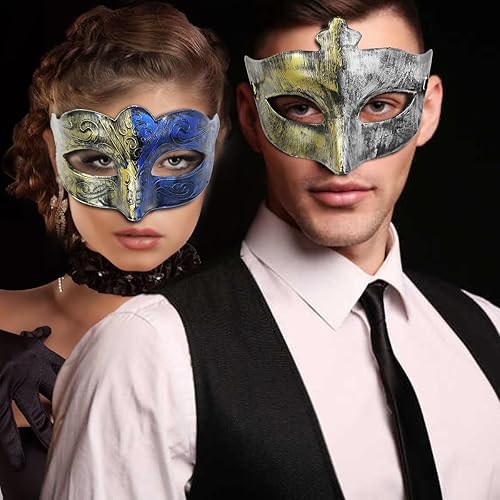 Miniatura 7 de Máscara de máscaras para hombres, parejas, máscara griega romana para Mardi Gras veneciano, disfraces, fiesta, baile de graduación (oro real + azul)