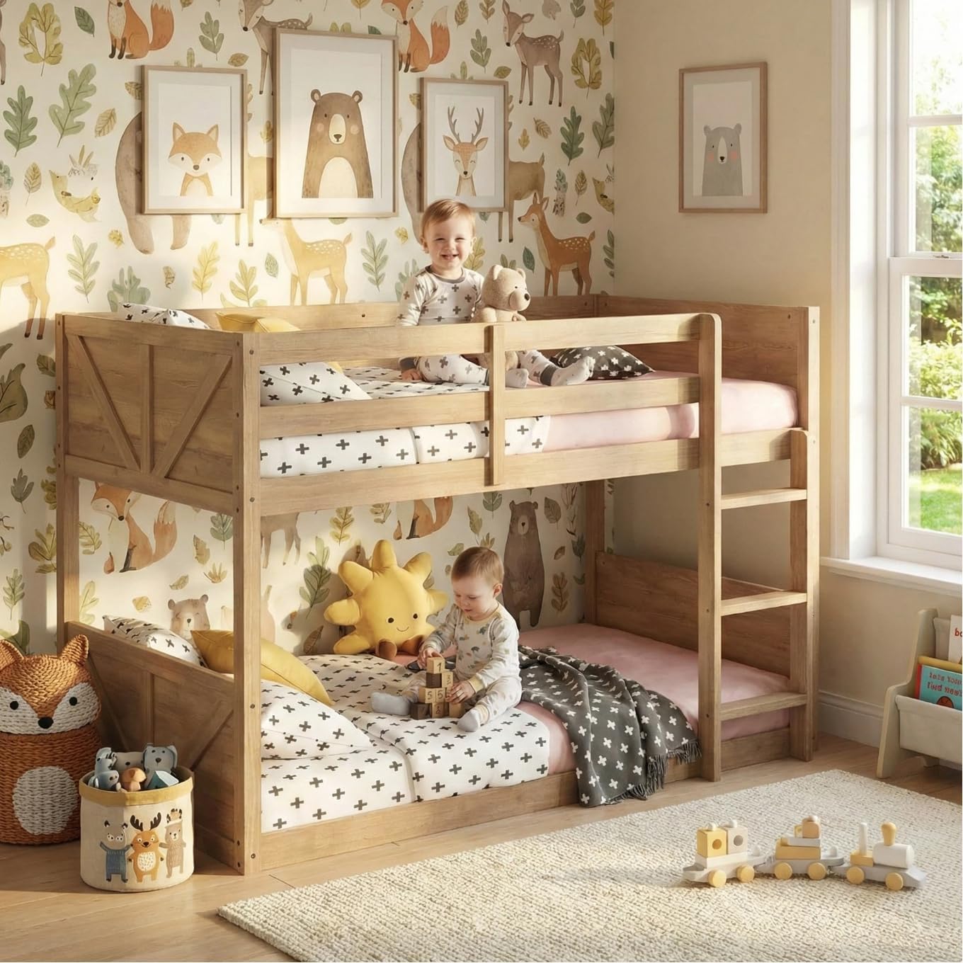 Low Bunk Beds Twin Over Twin for Kids Boys and Girls, Solid Rubber Wood Bed Frame with Panelled Headboard & Footboard, Floor Bunk Bed for Small Places, No Box Spring Needed, Antique Oak