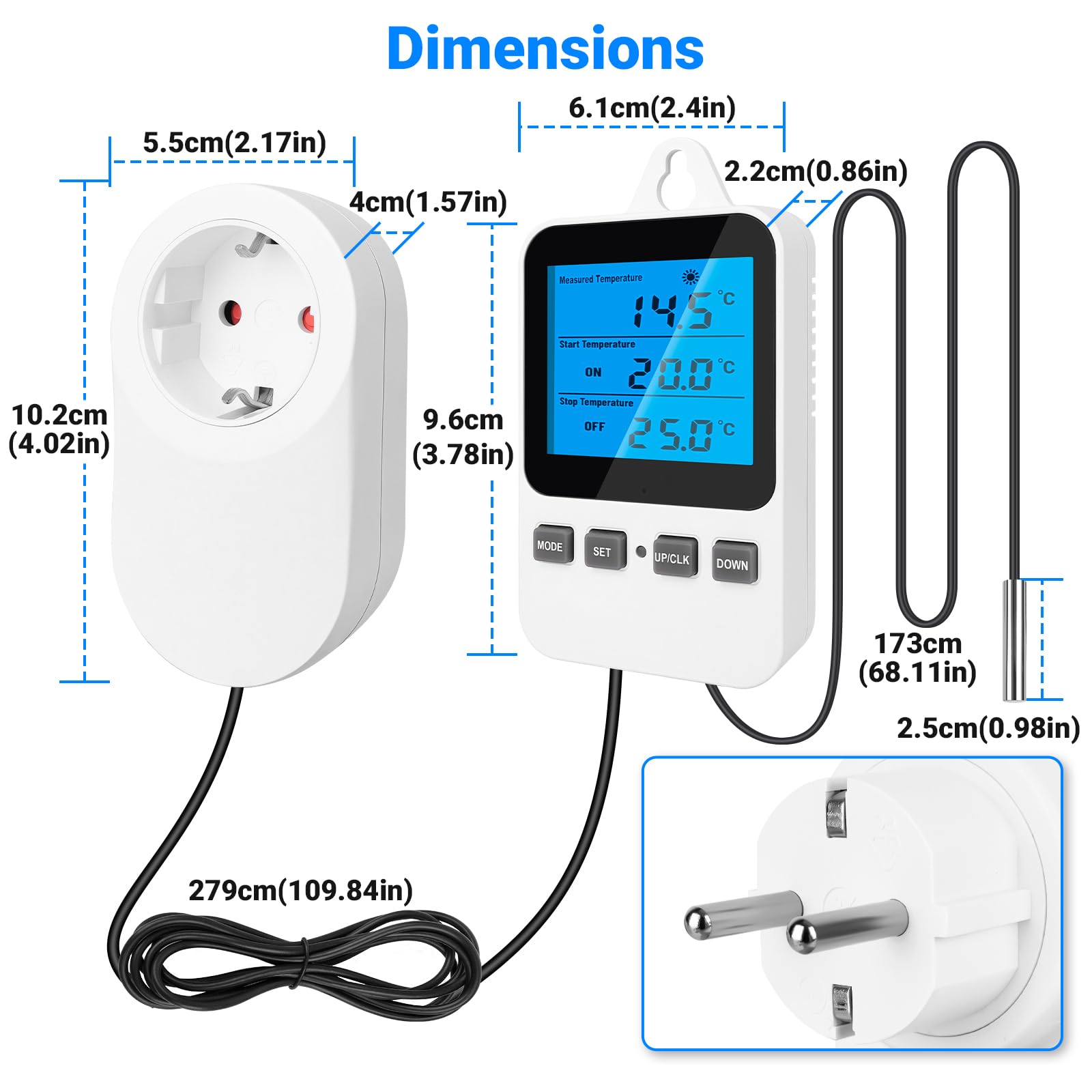 Digital Thermostat Steckdose mit Fühler Temperaturregler 230V Steckdosenthermostat Heizung Kühlung Zeitschaltuhr Temperaturschalter für Gewächshaus Terrarium Aquarium