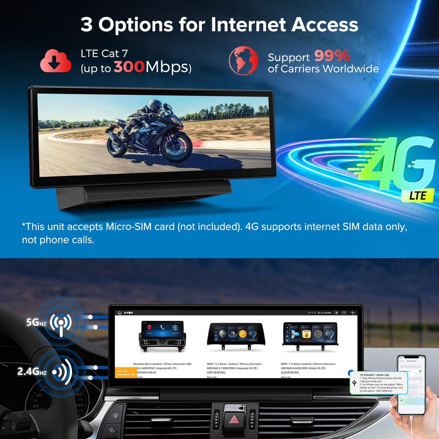 XTRONS QLA42A6L Car Tablet internet access options: LTE Cat 7 (up to 300Mbps) 4G connectivity and dual-band 5GHz/2.4GHz WiFi.