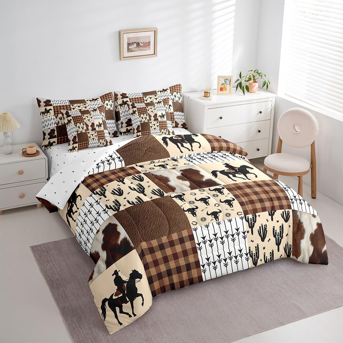 7 Pcs Western Cowboy Comforter Set,Rustic Cow Fur Bull Skull Horseshoe Arrow Bedding Set,American West Brown Plaids Patchwork Bed Set(Comforter+Fitted+Flat Sheet+Pillowcases+Pillow Covers),Twin