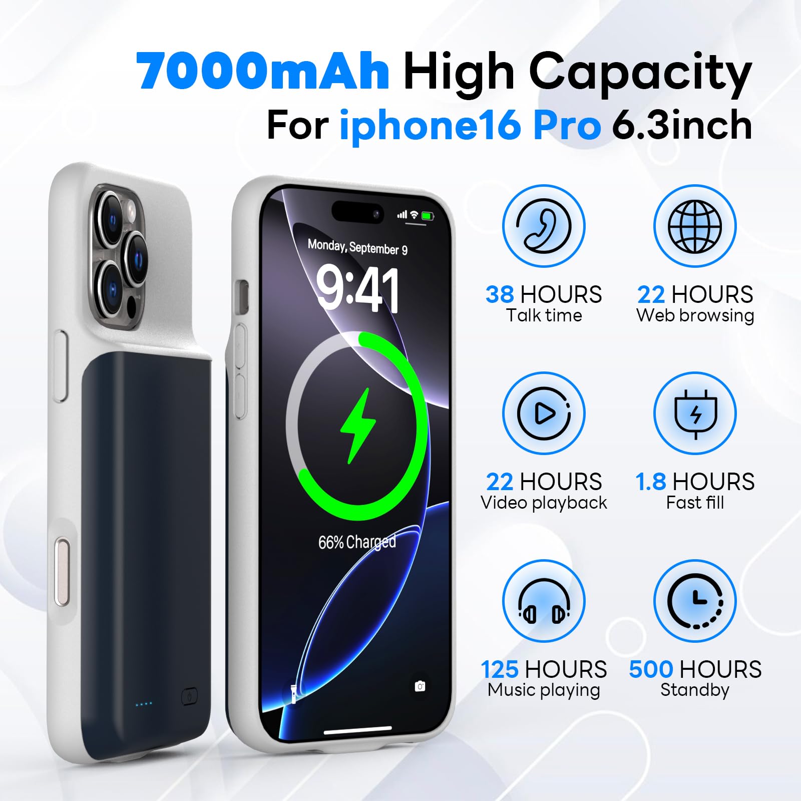 Custodia per iPhone 16 Pro (6,3"), 7000 mAh, ricaricabile, con protezione del carro armato, in vetro, per batteria aggiuntiva, per batteria, colore: blu