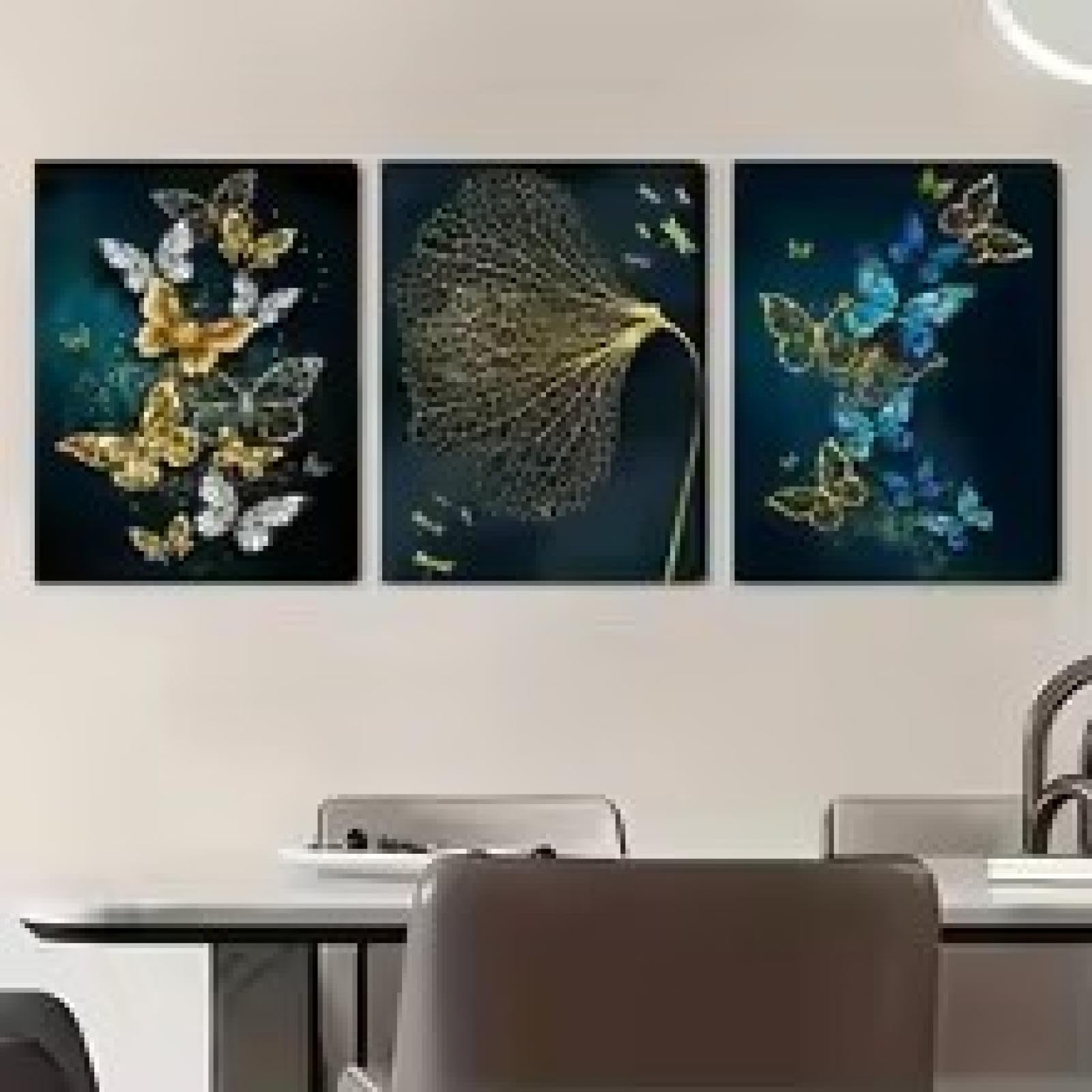 Cuadros de pared con hojas de mariposa azul dorado, pinturas artísticas, carteles de pared para decoración de sala de estar y dormitorio, impresiones en lienzo, carteles de 30 x 50 cm x 3 con marco