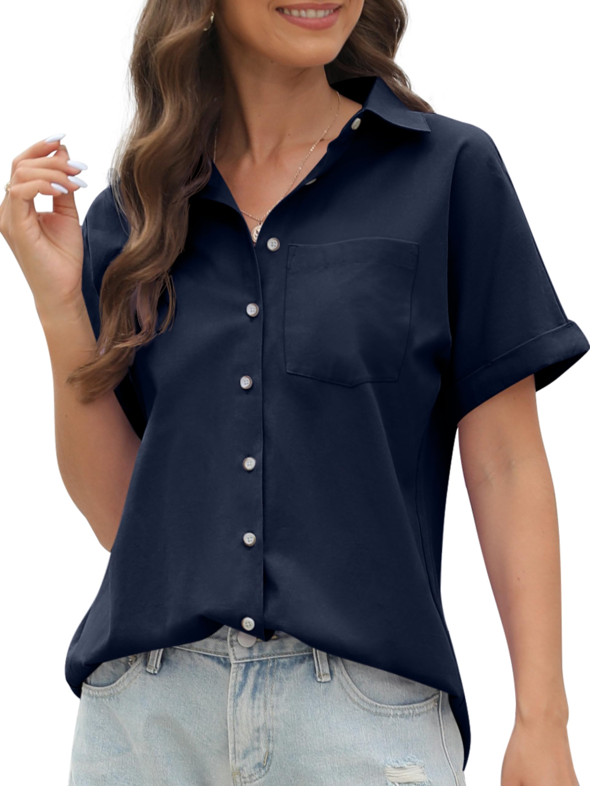 CUNLIN 100% Cotton Short Sleeve Shirts for Women Button Down Shirt Womens Blouses Casual Summer Tops with Pockets